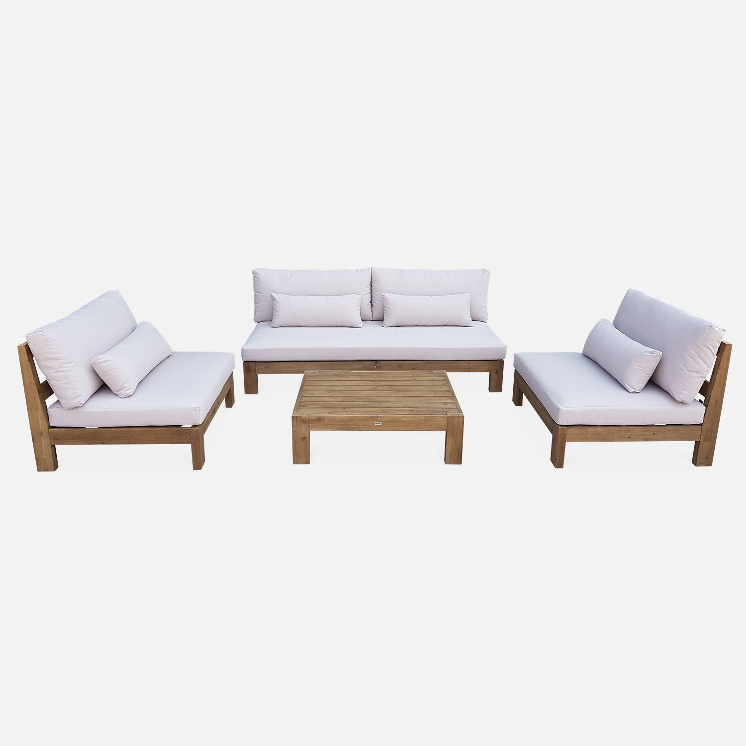 Conjunto de jardín XXL con madera cepillada, efecto blanqueado - BAHIA - cojines beige, ultra comfortables, 5 a 7 asientos Photo5