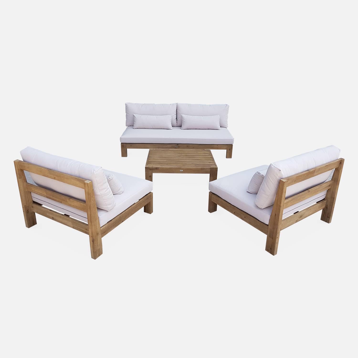 Salon de jardin XXL en bois brossé, effet blanchi – BAHIA – coussins beiges, ultra confortable, 5 à 7 places Photo6