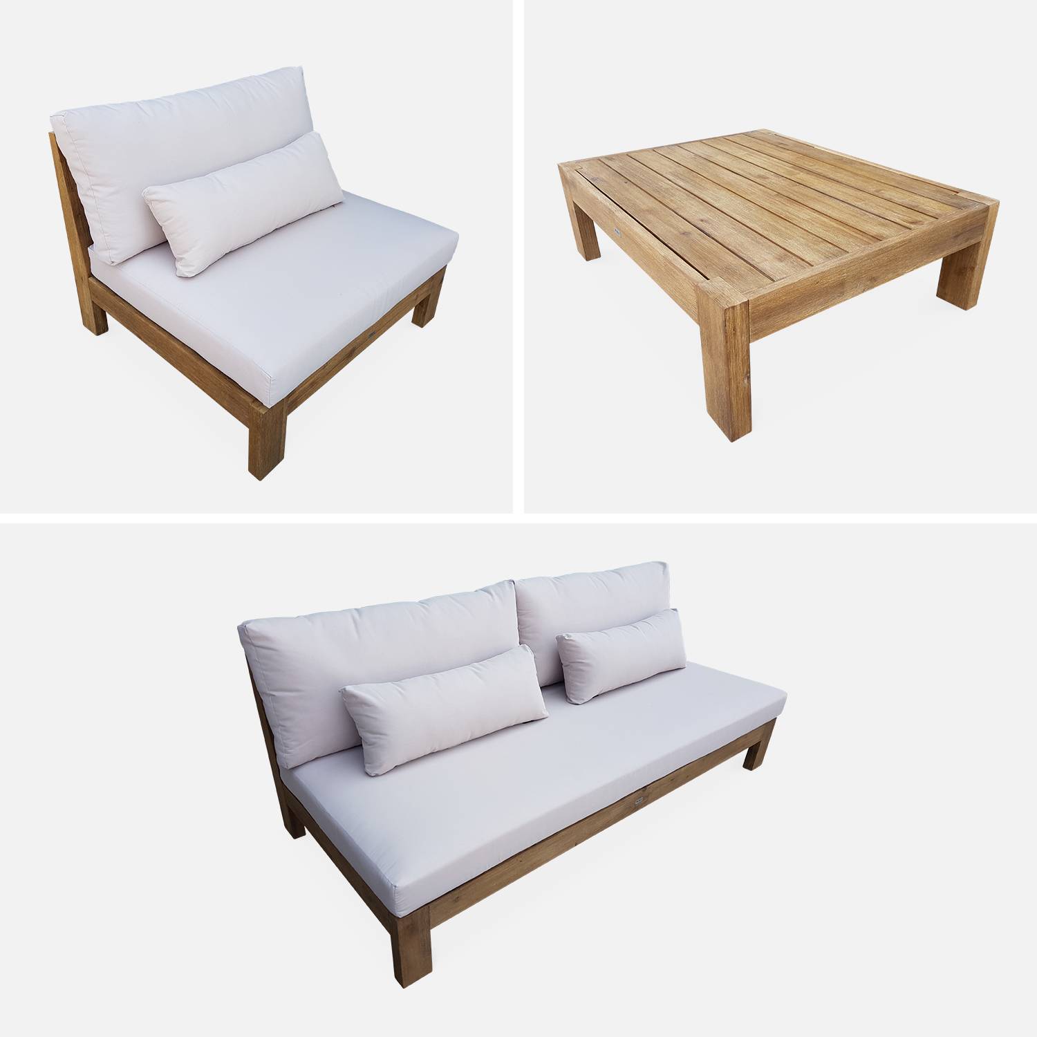 XXL Gartenmöbel aus gebürstetem Holz, gebleichter Effekt - BAHIA - beige Kissen, extrem bequem, 5 bis 7 Plätze Photo8