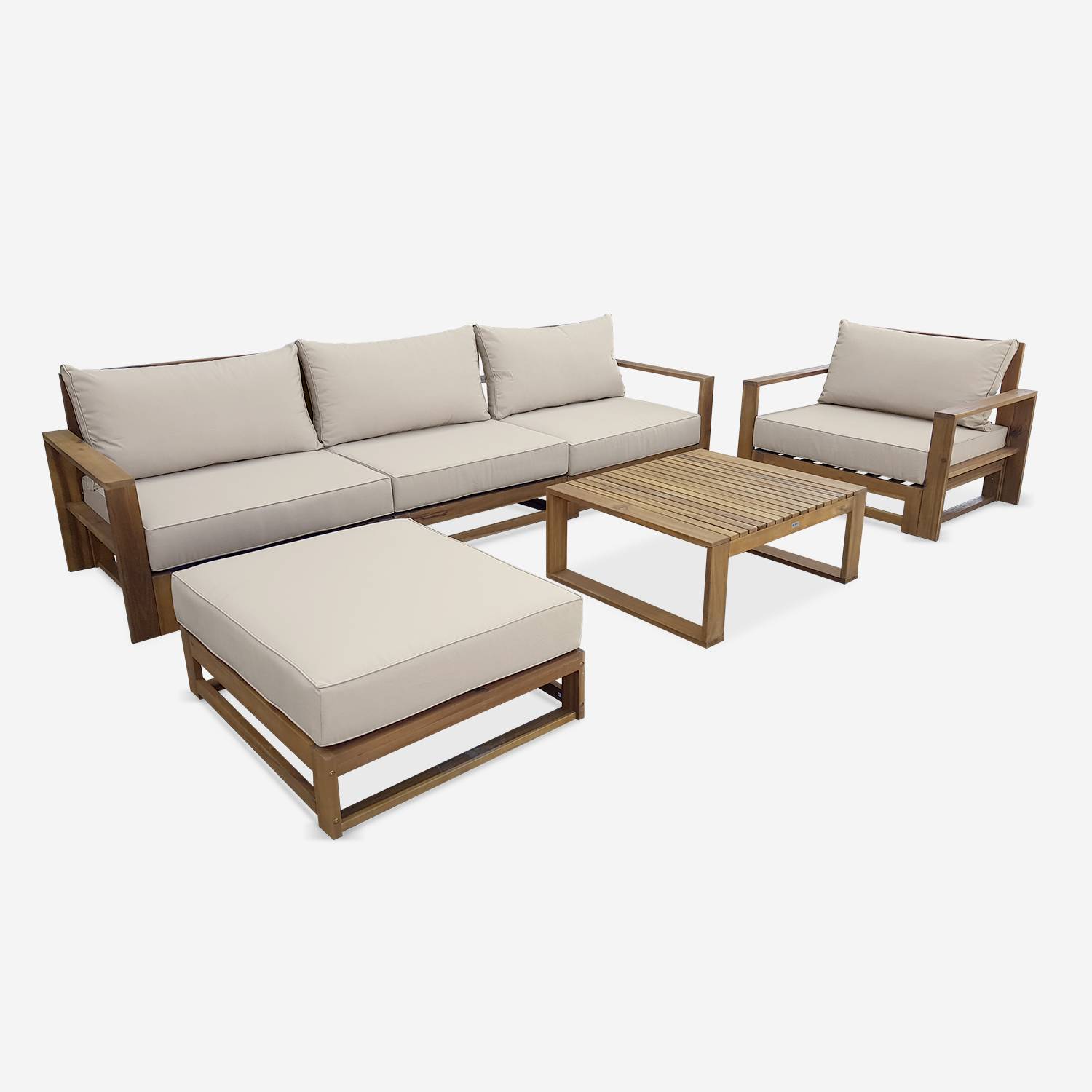 Gartengarnitur aus Holz 5 Sitze - Mendoza - beigefarbene Kissen, Sofa, Sessel und Couchtisch aus Akazie, 6 zusammenstellbare Teile, Design Photo3