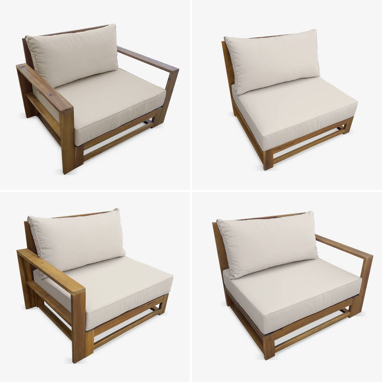 Gartengarnitur aus Holz 5 Sitze - Mendoza - beigefarbene Kissen, Sofa, Sessel und Couchtisch aus Akazie, 6 zusammenstellbare Teile, Design Photo4