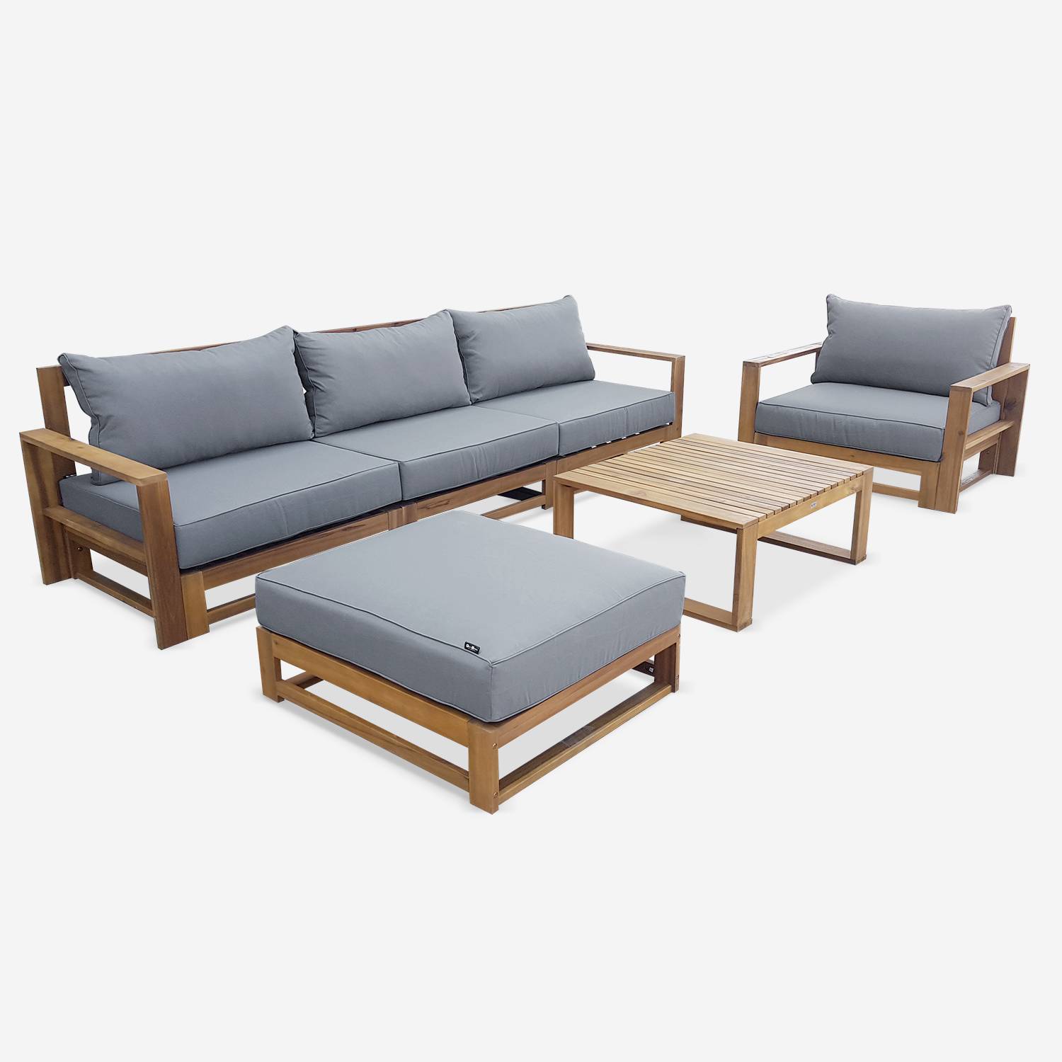 Gartenmöbel aus Holz mit 5 Sitzplätzen - Mendoza - graue Kissen, Sofa, Sessel und Couchtisch aus Akazie, 6 modulare Elemente, Design Photo4