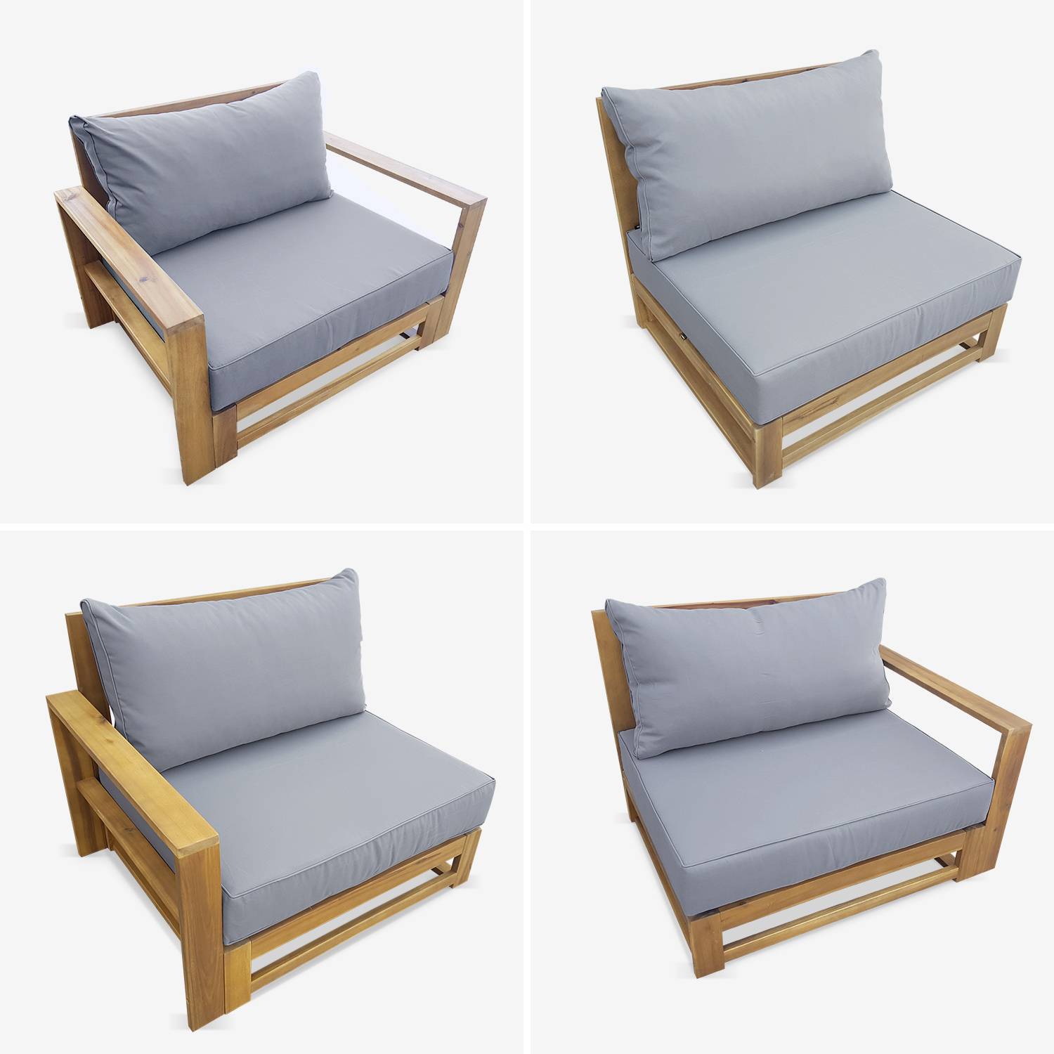 Gartenmöbel aus Holz mit 5 Sitzplätzen - Mendoza - graue Kissen, Sofa, Sessel und Couchtisch aus Akazie, 6 modulare Elemente, Design Photo5