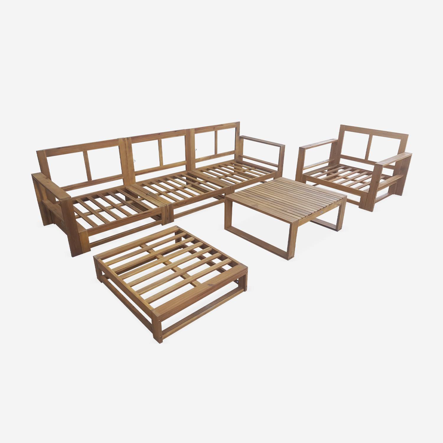 Salon de jardin en bois 5 places - Mendoza - Coussins gris, canapé, fauteuils et table basse en acacia, 6 éléments modulables, design Photo8