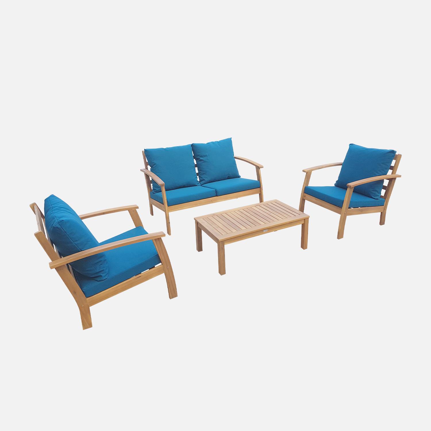 Salon de jardin en bois 4 places - Ushuaïa - Coussins bleu canard, canapé, fauteuils et table basse en acacia, design Photo4