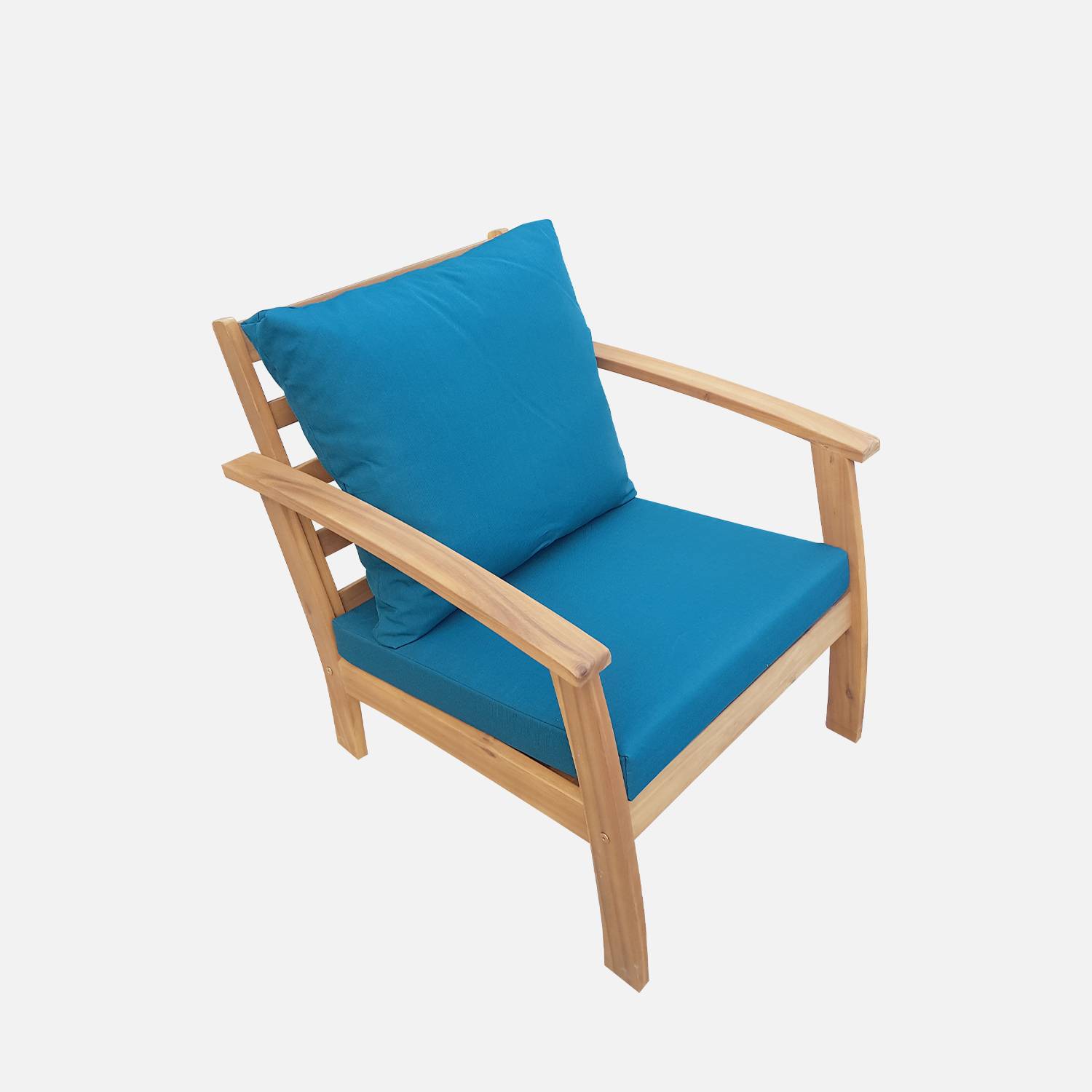 Salon de jardin en bois 4 places - Ushuaïa - Coussins bleu canard, canapé, fauteuils et table basse en acacia, design Photo5