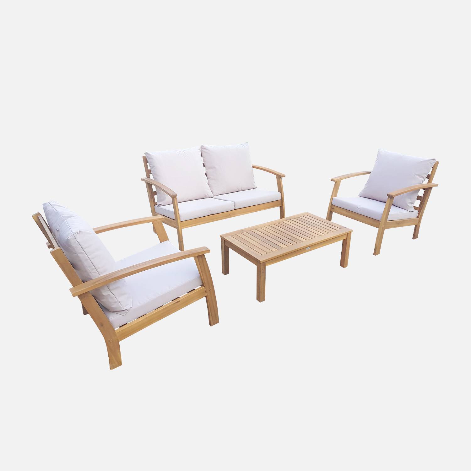 Salon de jardin en bois 4 places - Ushuaïa - Coussins écrus, canapé, fauteuils et table basse en acacia, design Photo5