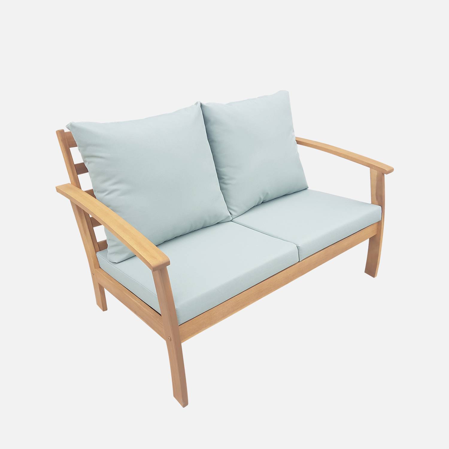 Gartengarnitur aus Holz 4 Sitze - Ushuaïa - grüngraue Kissen, Sofa, Sessel und Couchtisch aus Akazie, Design Photo3