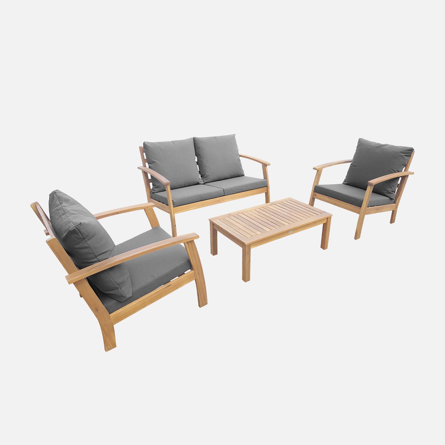 Mobília de 4 lugares em madeira para jardim - Ushuaïa - Almofadas cinzentas, sofá, poltronas e mesa de centro em acácia, design Photo2