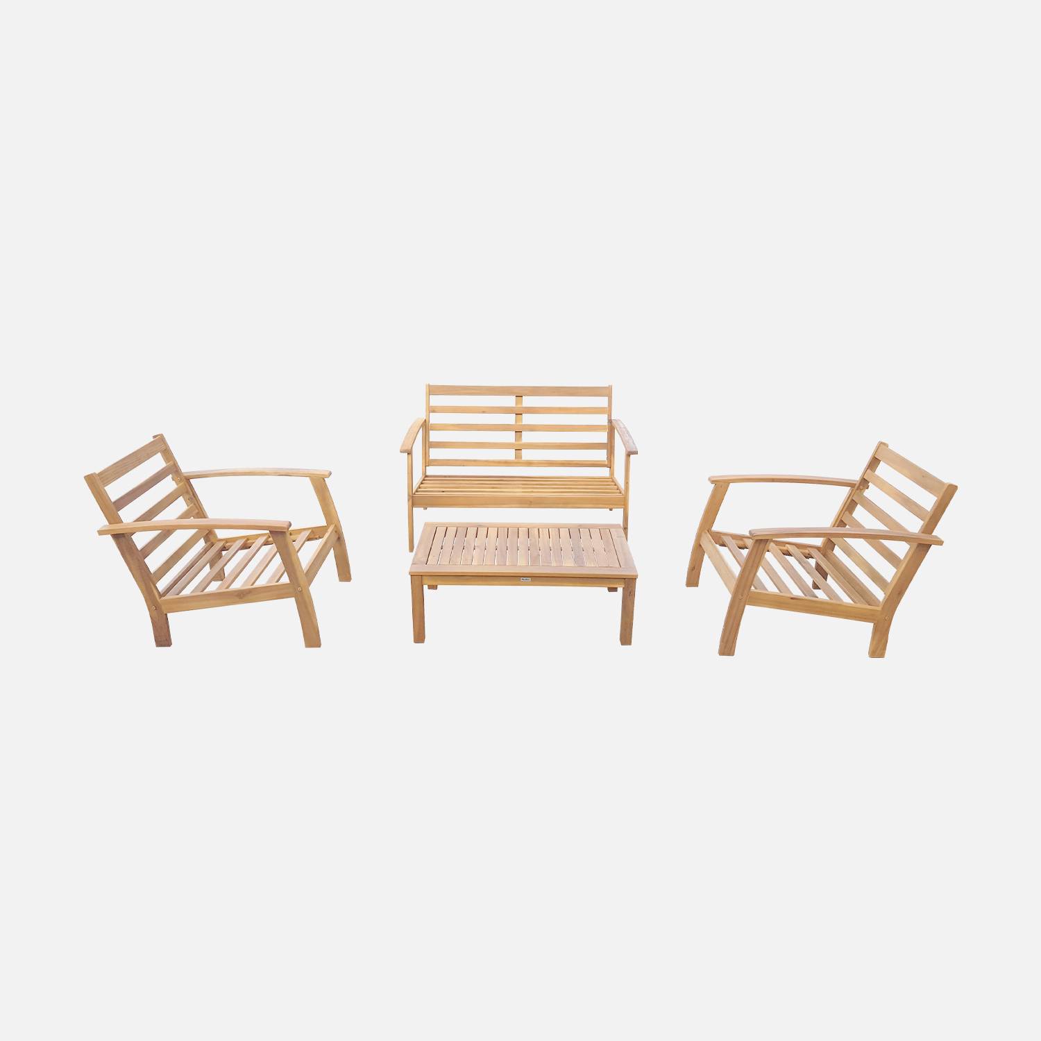 Conjunto de jardín de madera de 4 plazas - Ushuaïa - Cojines grises, sofá, sillones y mesa de centro en acacia, diseño Photo7