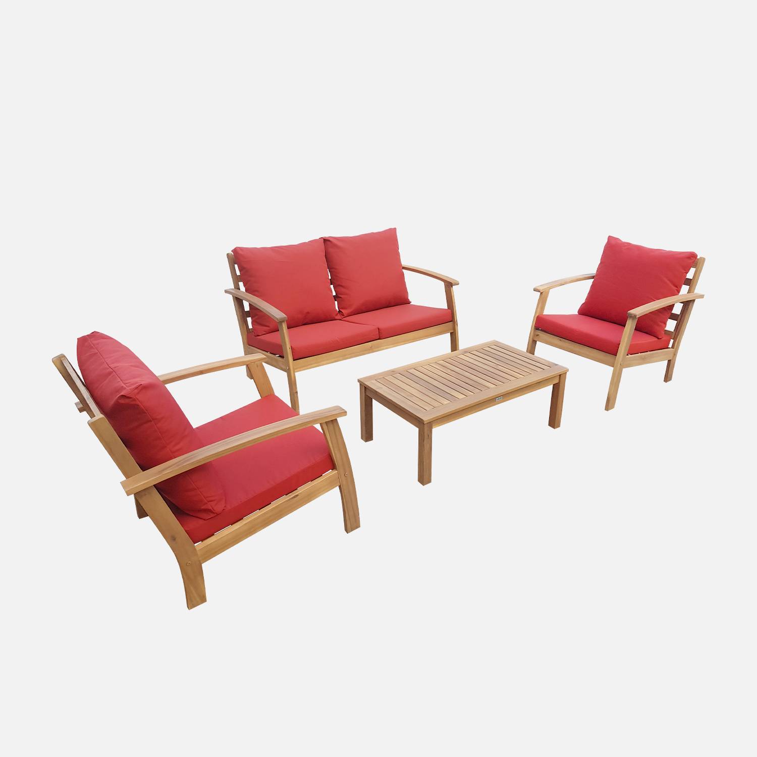 4 Sitze Holz Gartenmöbel - Ushuaïa - Terrakottafarbene Kissen, Sofa, Sessel und Couchtisch aus Akazie, Design Photo3