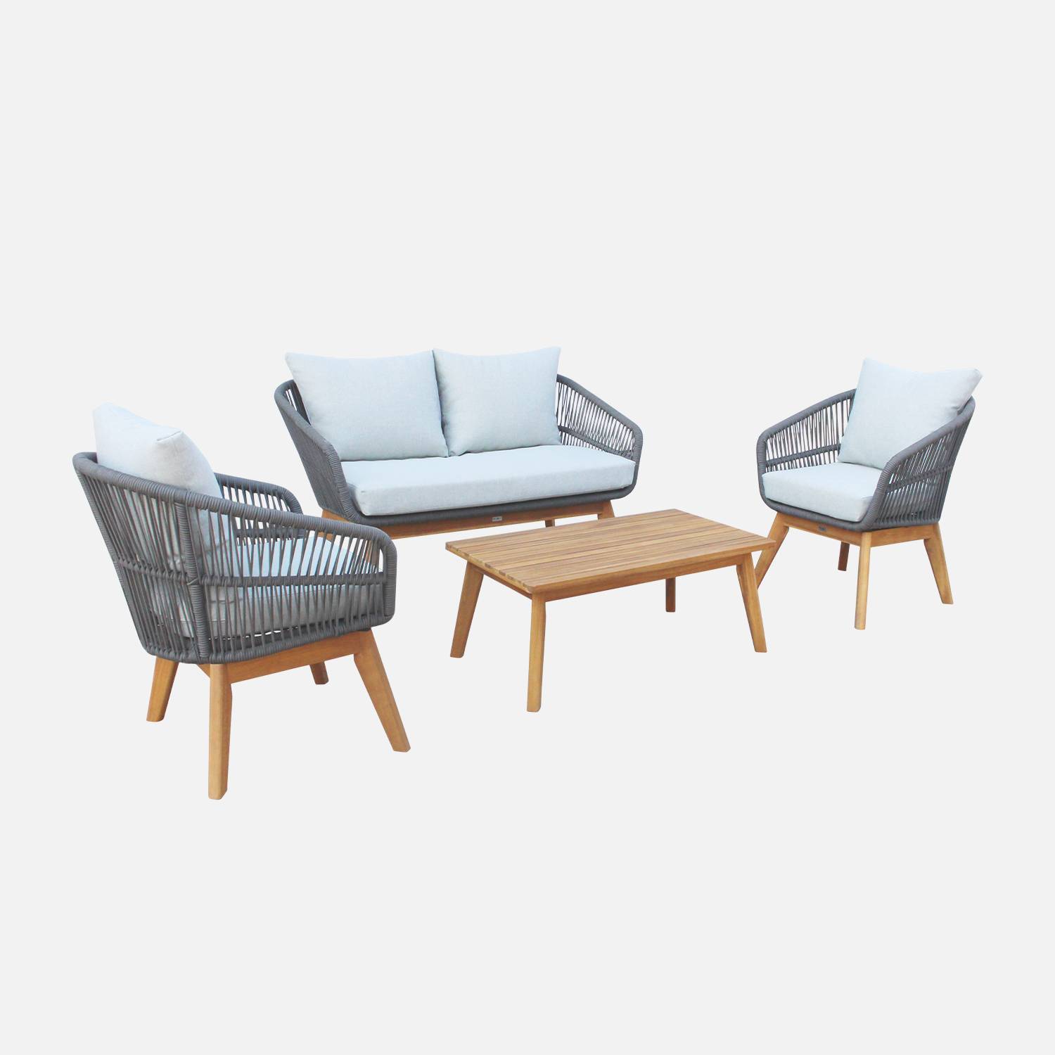 Gartengarnitur 4 Sitze - ROSARIO - aus geflochtenen Seilen, Holz und Aluminium, grau / graumelierte Kissen Photo2
