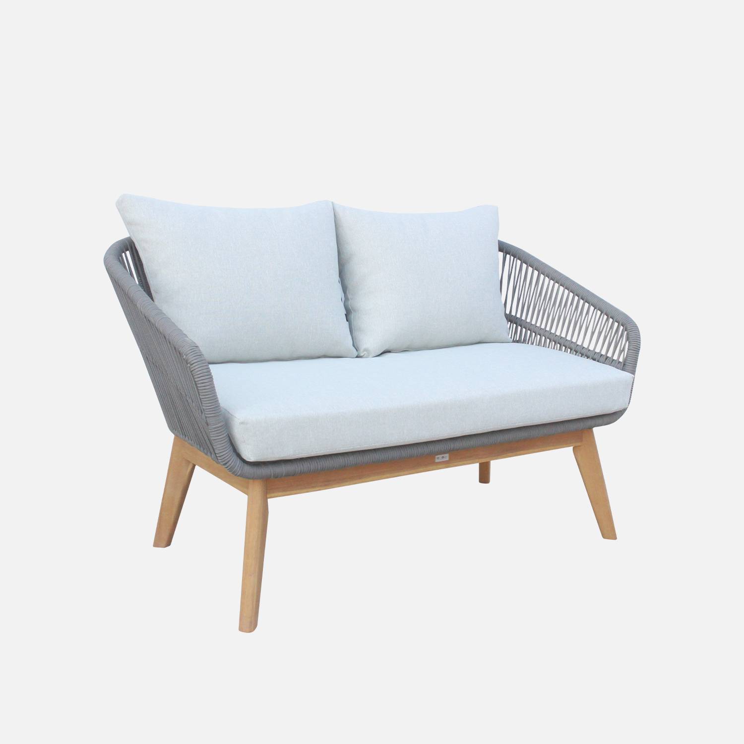 Gartengarnitur 4 Sitze - ROSARIO - aus geflochtenen Seilen, Holz und Aluminium, grau / graumelierte Kissen Photo4