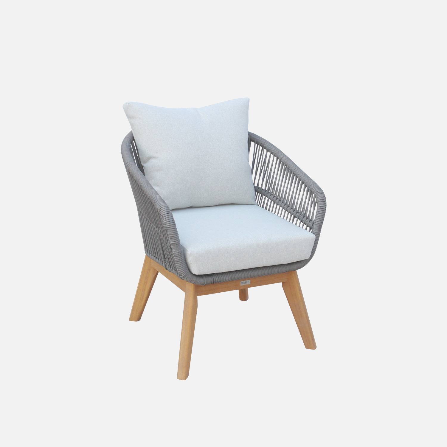 Gartengarnitur 4 Sitze - ROSARIO - aus geflochtenen Seilen, Holz und Aluminium, grau / graumelierte Kissen Photo5