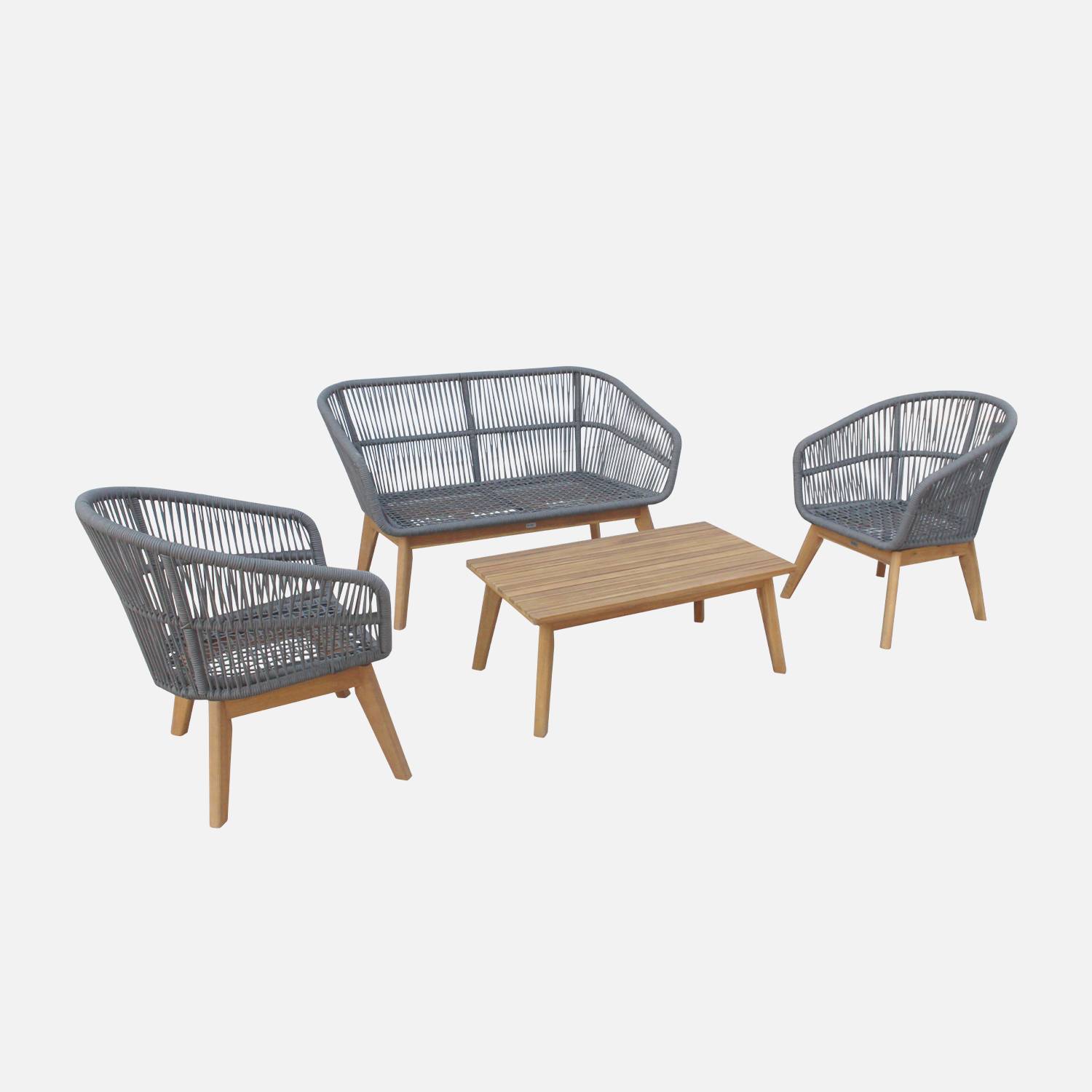 Gartengarnitur 4 Sitze - ROSARIO - aus geflochtenen Seilen, Holz und Aluminium, grau / graumelierte Kissen Photo8
