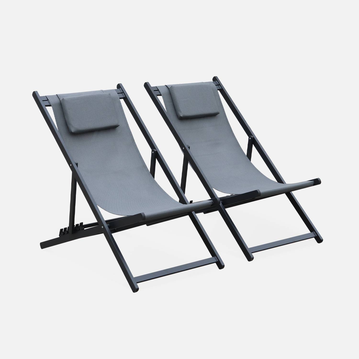 Set mit 2 Sonnenliegen - Gaia grau - Liegestuhl aus anthrazitfarbenem Aluminium und grauem Textilene mit Kopfstützenkissen, Liegestuhl Photo2