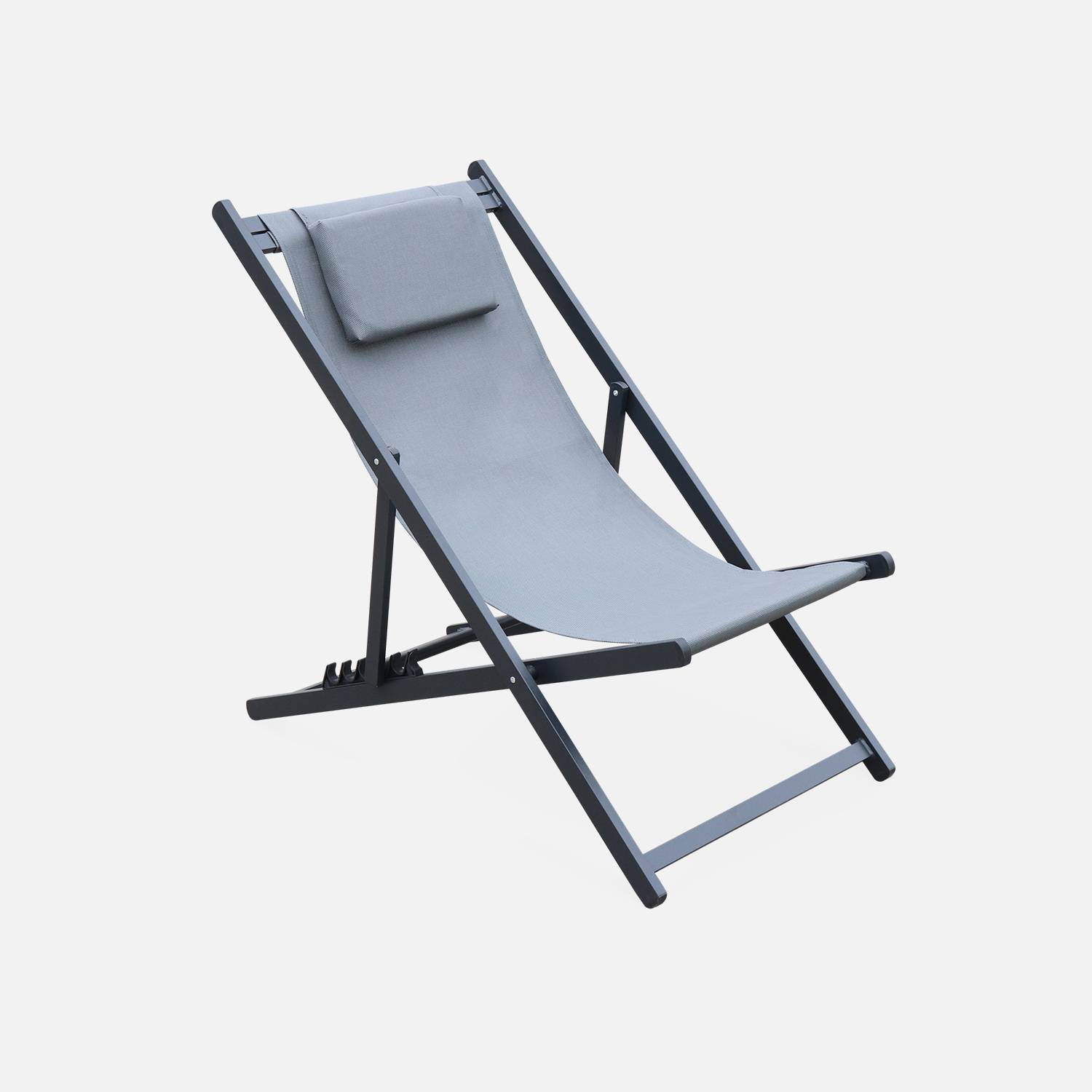 Juego de 2 sillas para tomar sol - Gaia antracita- Aluminio antracita y textileno gris con reposacabezas. Photo3