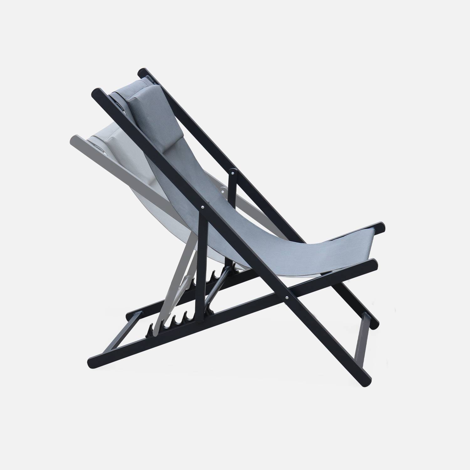 Set mit 2 Sonnenliegen - Gaia grau - Liegestuhl aus anthrazitfarbenem Aluminium und grauem Textilene mit Kopfstützenkissen, Liegestuhl Photo4