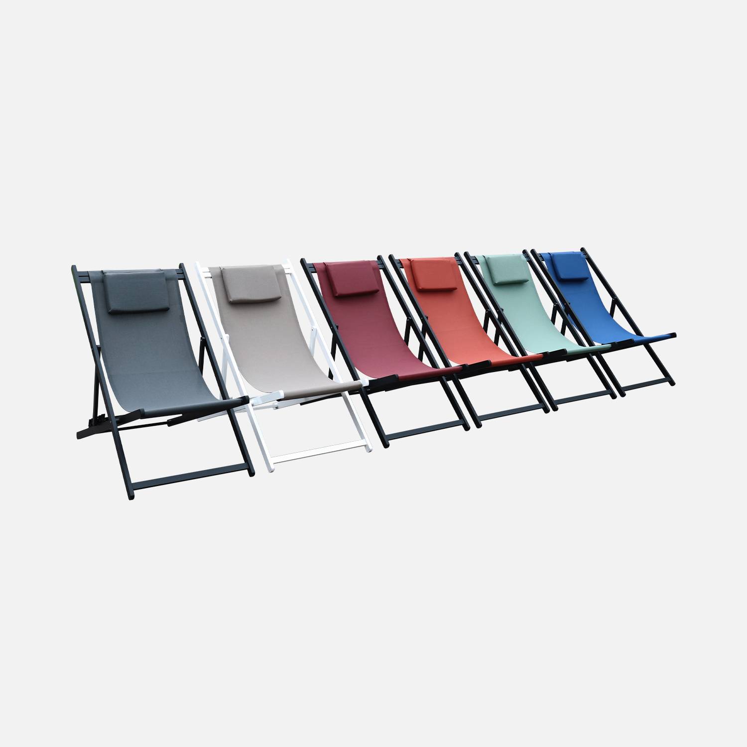 Set mit 2 Sonnenliegen - Gaia grau - Liegestuhl aus anthrazitfarbenem Aluminium und grauem Textilene mit Kopfstützenkissen, Liegestuhl Photo6