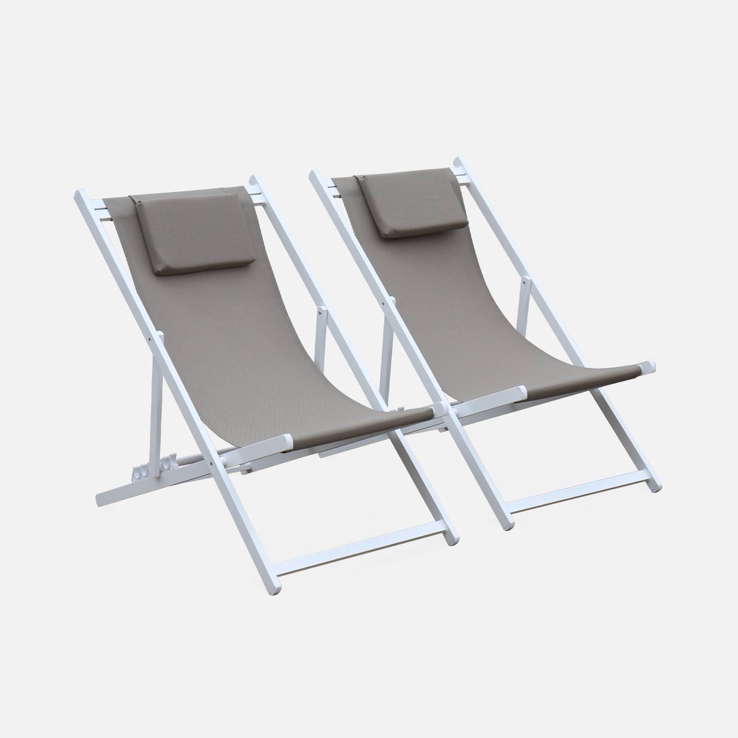 Juego de 2 sillas para tomar sol - Gaia taupe - Aluminio blanco y textileno taupe con reposacabezas. Photo2