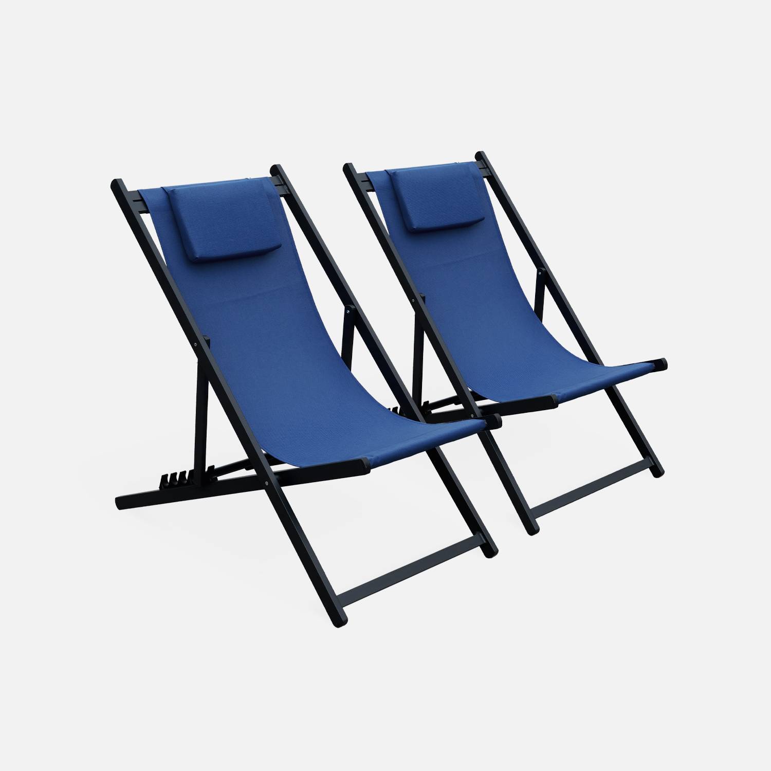 Set mit 2 Sonnenliegen - Gaia grau - Liegestuhl aus anthrazitfarbenem Aluminium und nachtblau Textilene mit Kopfstützenkissen, Liegestuhl Photo2