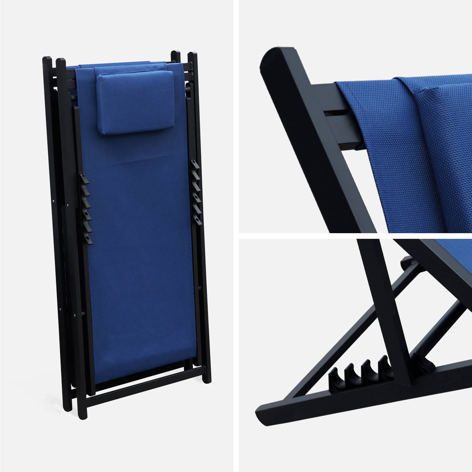 Conjunto de 2 espreguiçadeiras - azul escuro- Espreguiçadeira em aluminio azul escuro e textilene azul escuro com almofada de cabeceira - Gaia Photo4