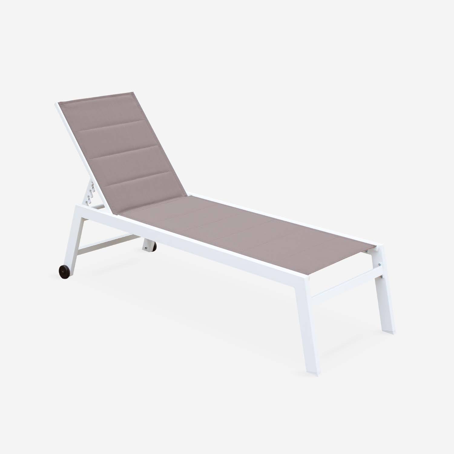 Sonnenliege - Solis - Liegestuhl aus gestepptem Textilene mit 6 Positionen aus Textilene und Aluminium, weißes Gestell, taupefarbenes Textilene Photo3