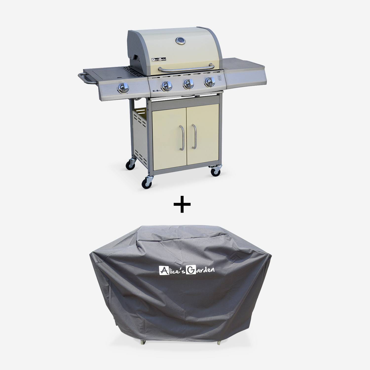 Barbecue gaz inox 14kW – Richelieu ivoire – Barbecue 4 brûleurs dont 1 feu latéral, côté grill et côté plancha, housse de protection incluse Photo1