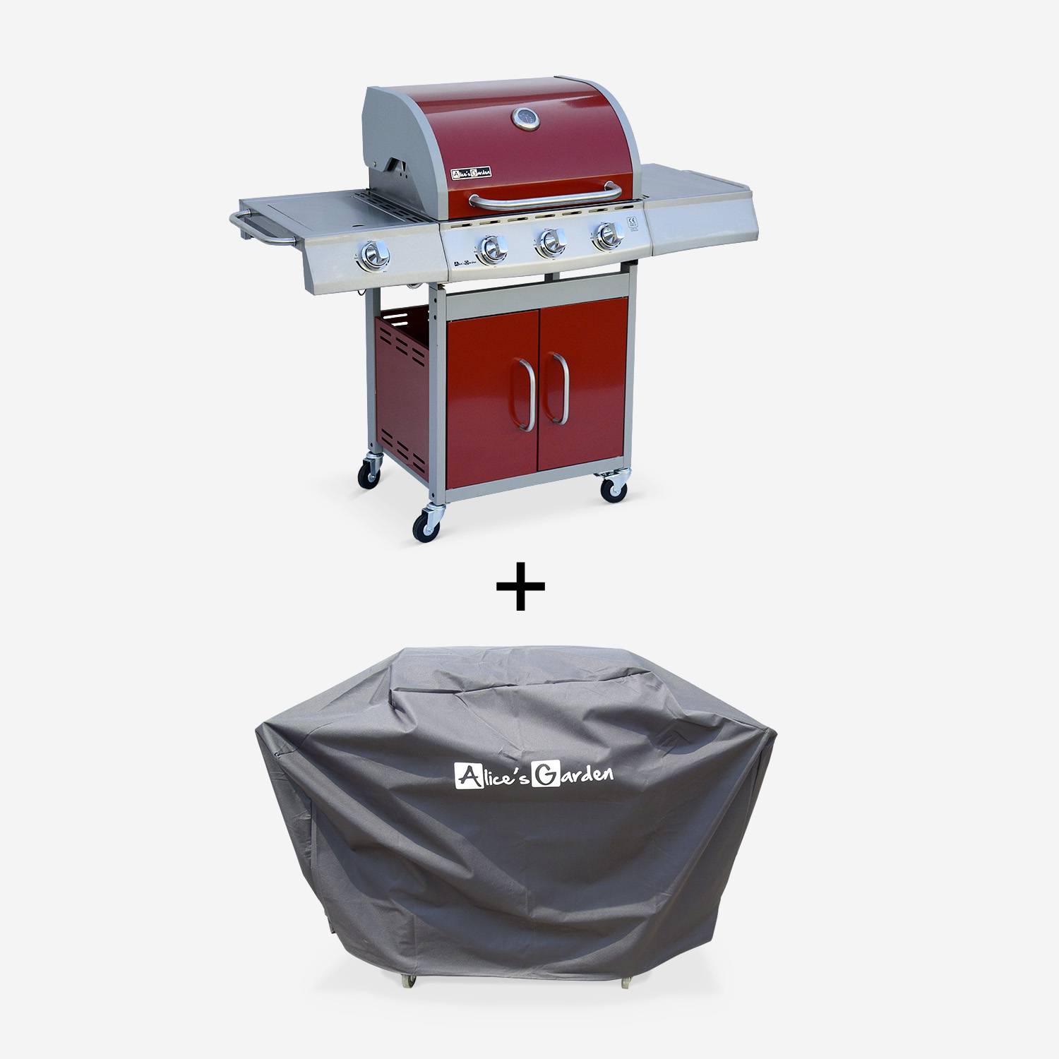 Barbecue gaz inox 14kW – Richelieu rouge – Barbecue 3 brûleurs + 1 feu latéral, côté grill et côté plancha, housse de protection incluse Photo1