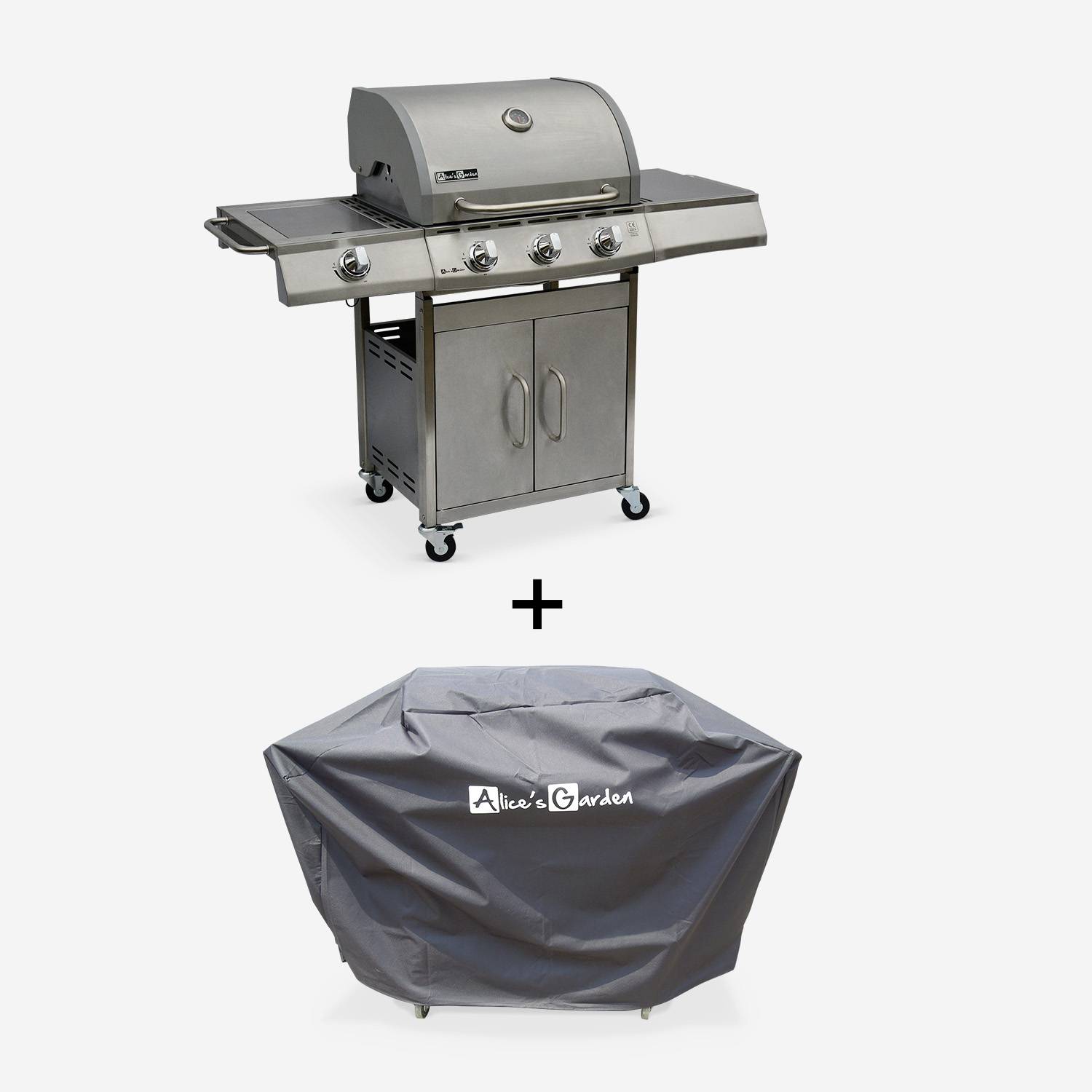 Barbecue gaz inox 14kW – Richelieu inox – Barbecue 4 brûleurs dont 1 feu latéral, côté grill et côté plancha, housse de protection incluse Photo1