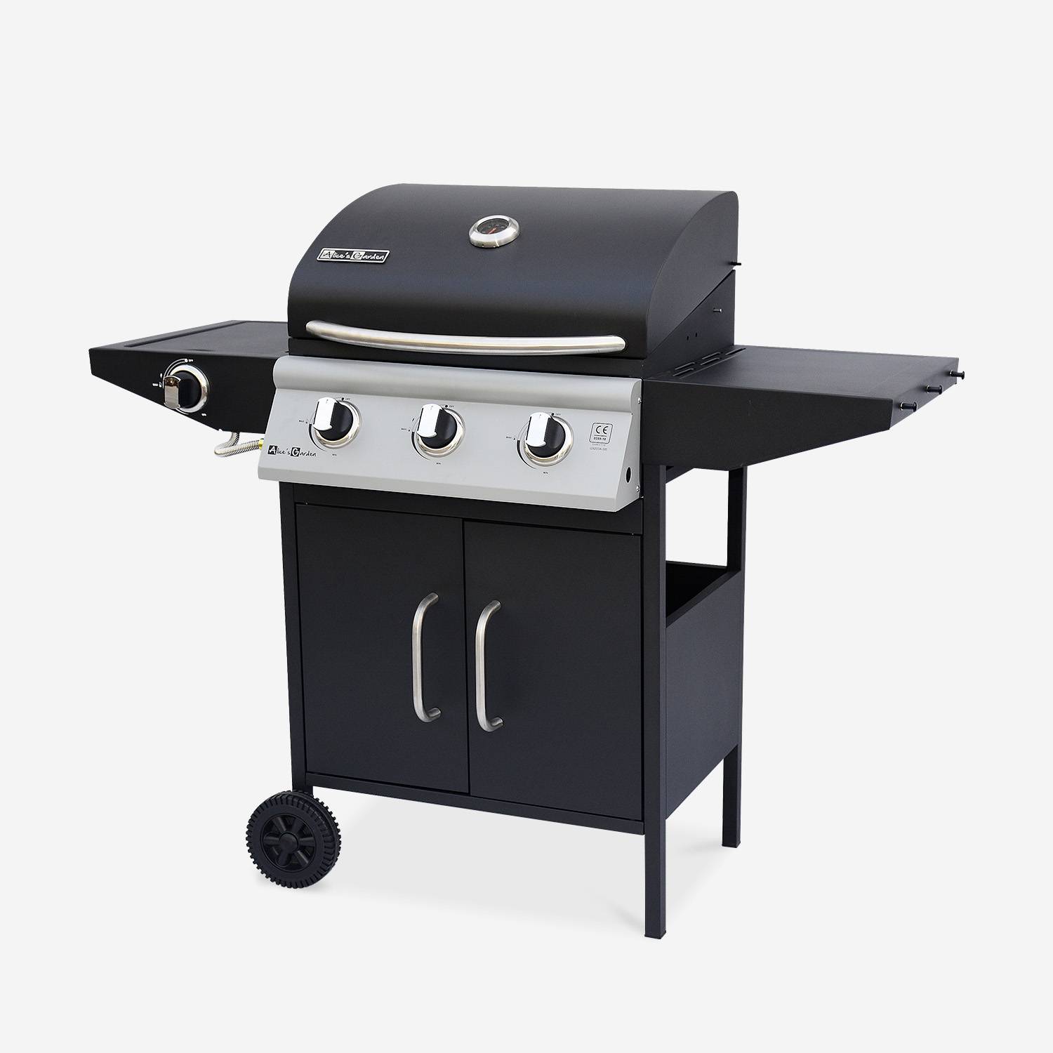 Barbecue gaz - Athos - Barbecue 4 brûleurs dont 1 feu latéral noir, grilles en fonte Photo1