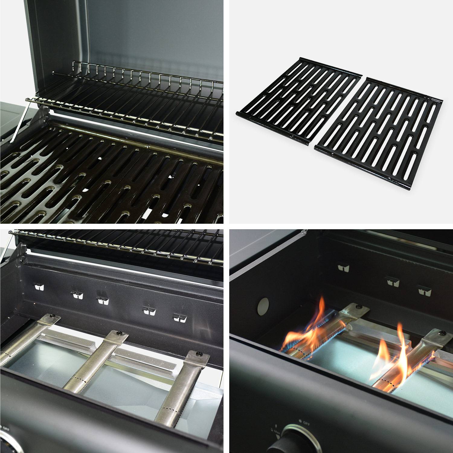 Barbecue gaz 3 brûleurs, tablettes rabattables - Bonacieux - noir, avec rangement + Connecteur gaz G1/2 inclus Photo5