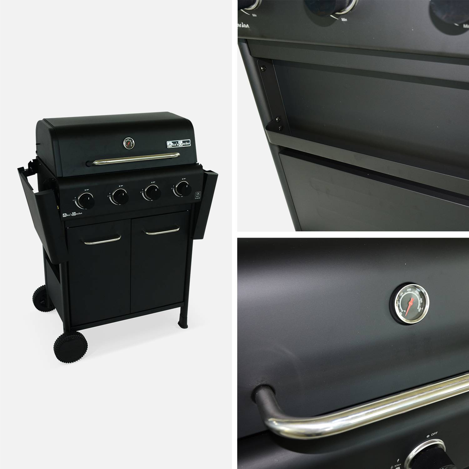 Barbecue BONACIEUX noir et inox au gaz 4 brûleurs avec rangement 2 tablettes rabattables 2 roues PVC + Connecteur gaz G1/2 inclus Photo3