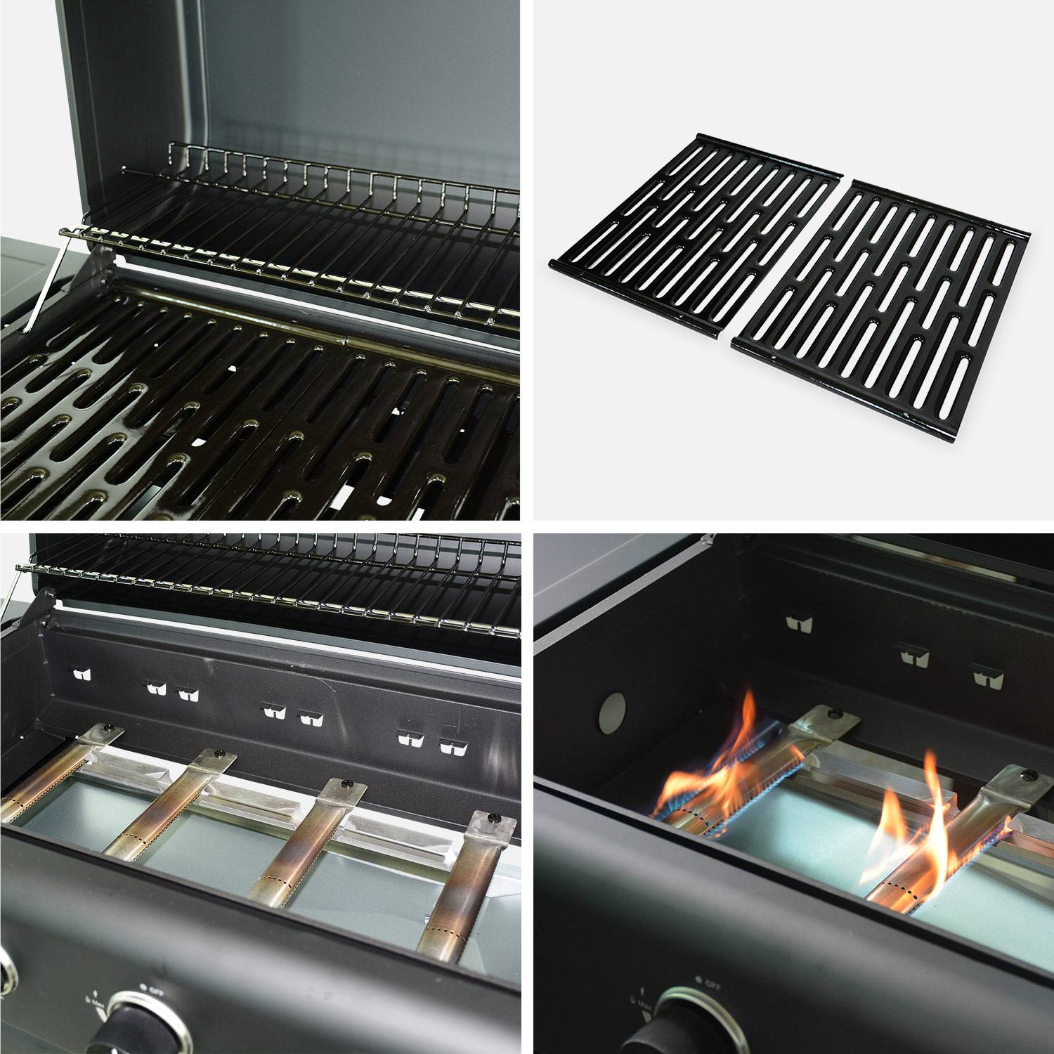 Barbecue BONACIEUX noir et inox au gaz 4 brûleurs avec rangement 2 tablettes rabattables 2 roues PVC + Connecteur gaz G1/2 inclus Photo5