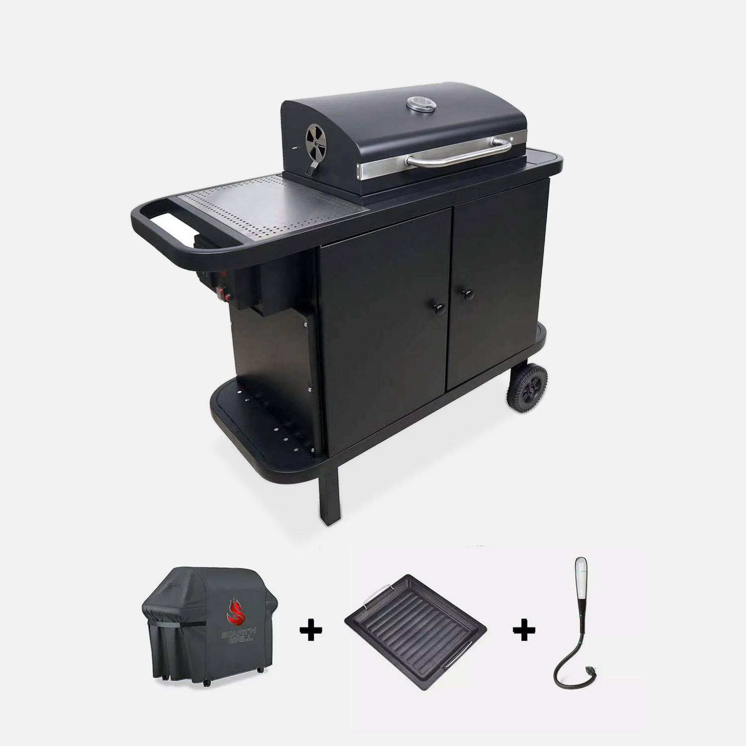 Barbecue charbon de bois - SNGONE 2.0 noir -barbecue connecté bluetooth à allumage automatique avec housse, plancha, lampe LED USB, porte-ustensiles, grille maintien au chaud & récupérateur de cendres Photo1