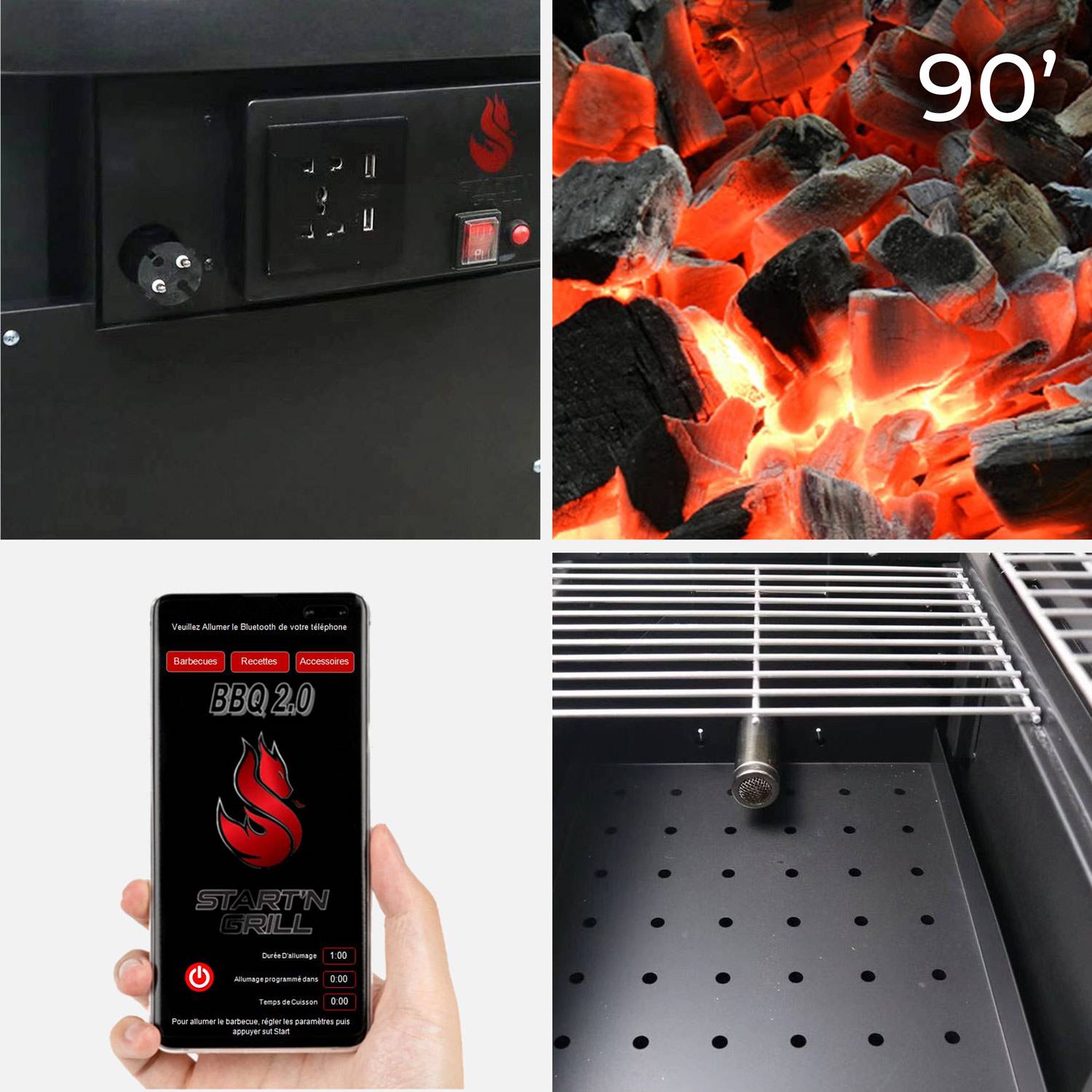 Barbecue charbon de bois - SNGONE 2.0 noir -barbecue connecté bluetooth à allumage automatique avec housse, plancha, lampe LED USB, porte-ustensiles, grille maintien au chaud & récupérateur de cendres Photo7