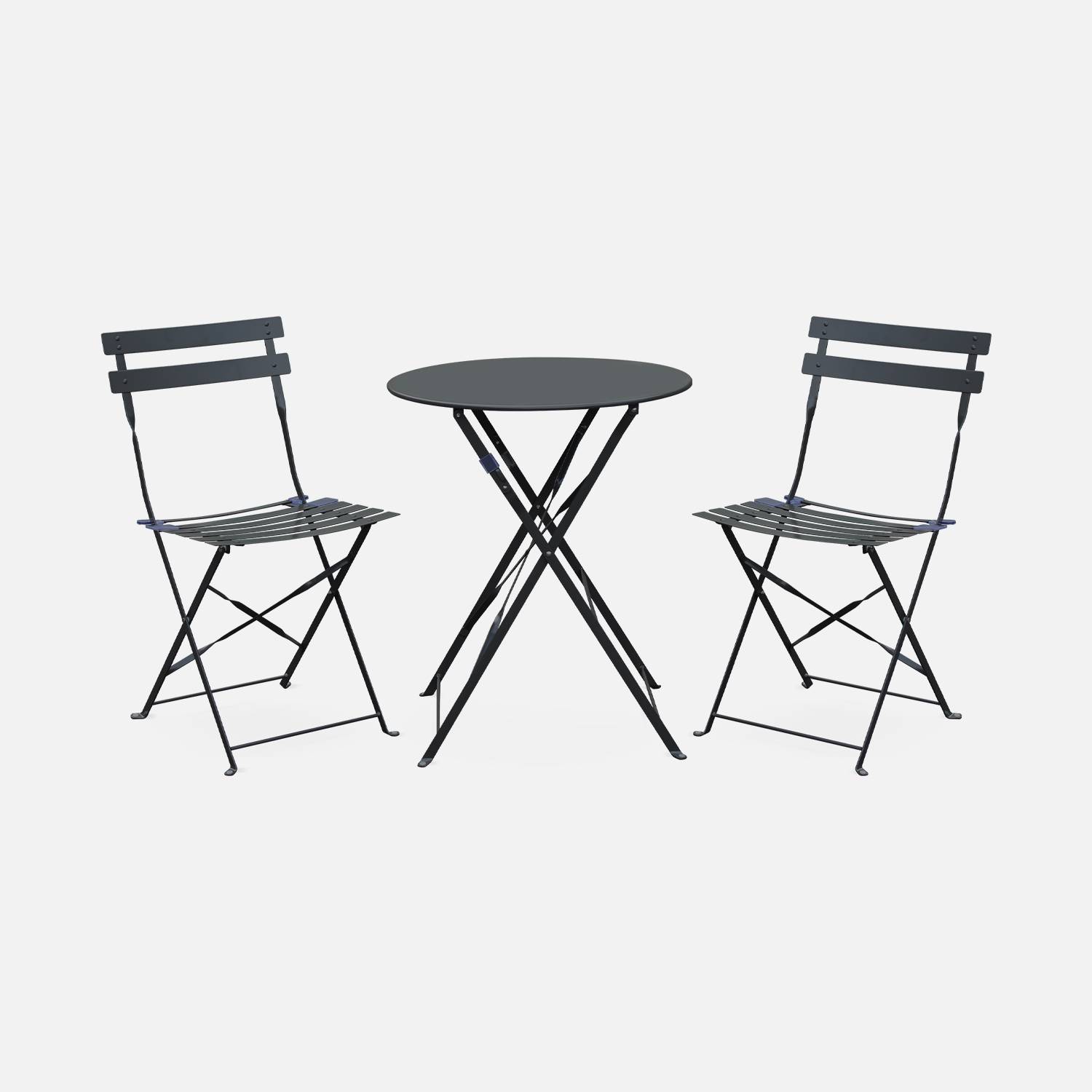 Salon de jardin bistrot pliable - Emilia rond gris anthracite - Table Ø60cm avec deux chaises pliantes, acier thermolaqué Photo2