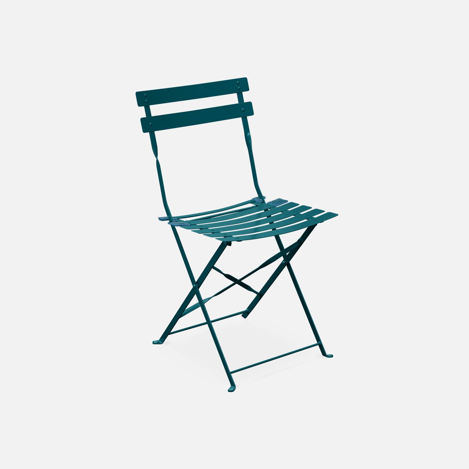Mobiliario de jardín plegable para bistró - Emilia azul pato redonda - Mesa redonda de Ø60cm con dos sillas plegables, acero pintado en polvo Photo4