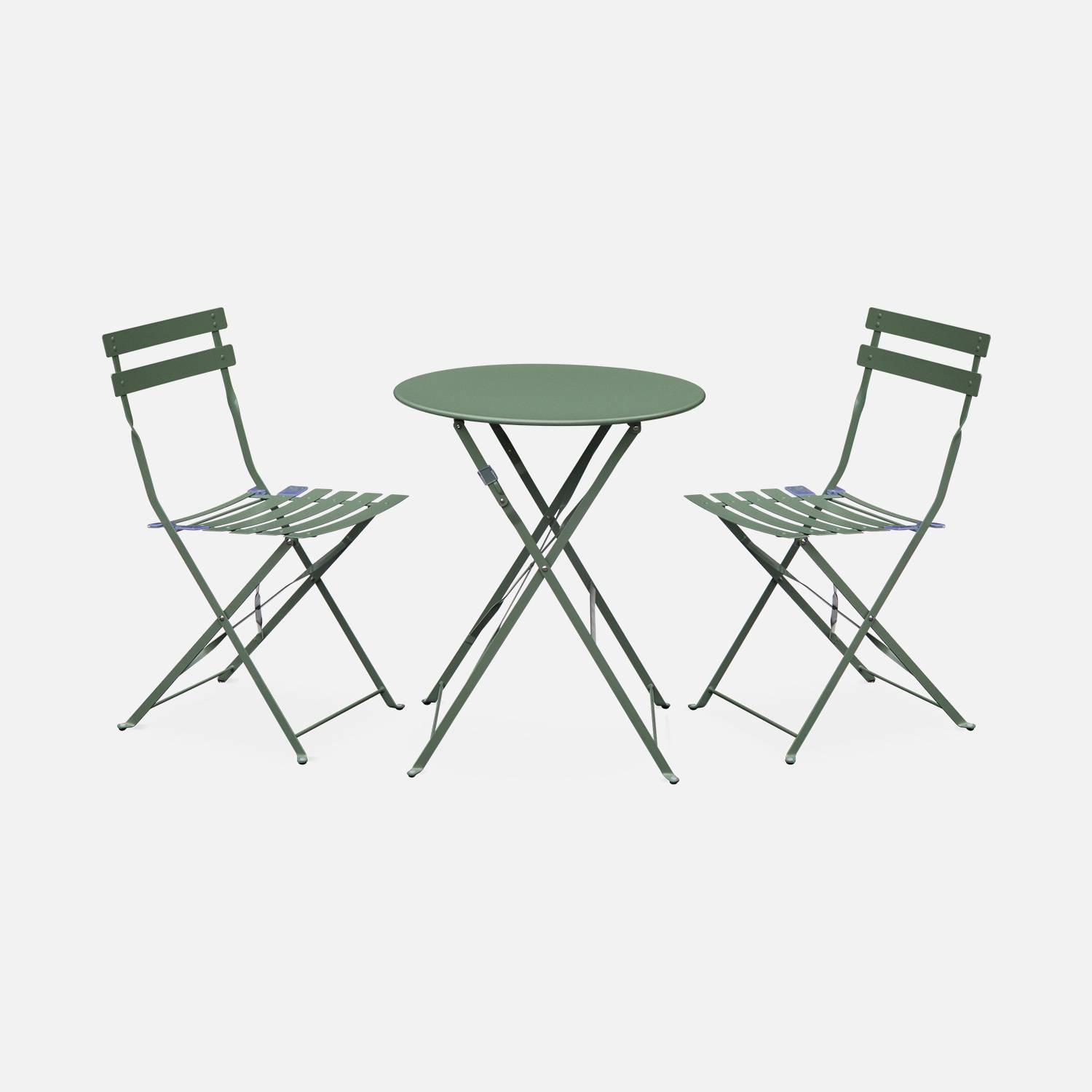 Salon de jardin bistrot pliable - Emilia rond vert de gris - Table Ø60cm avec deux chaises pliantes, acier thermolaqué Photo2