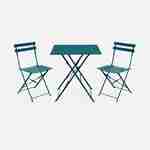 Salon de jardin bistrot pliable - Emilia carré bleu canard - Table carrée 70x70cm avec deux chaises pliantes, acier thermolaqué Photo2