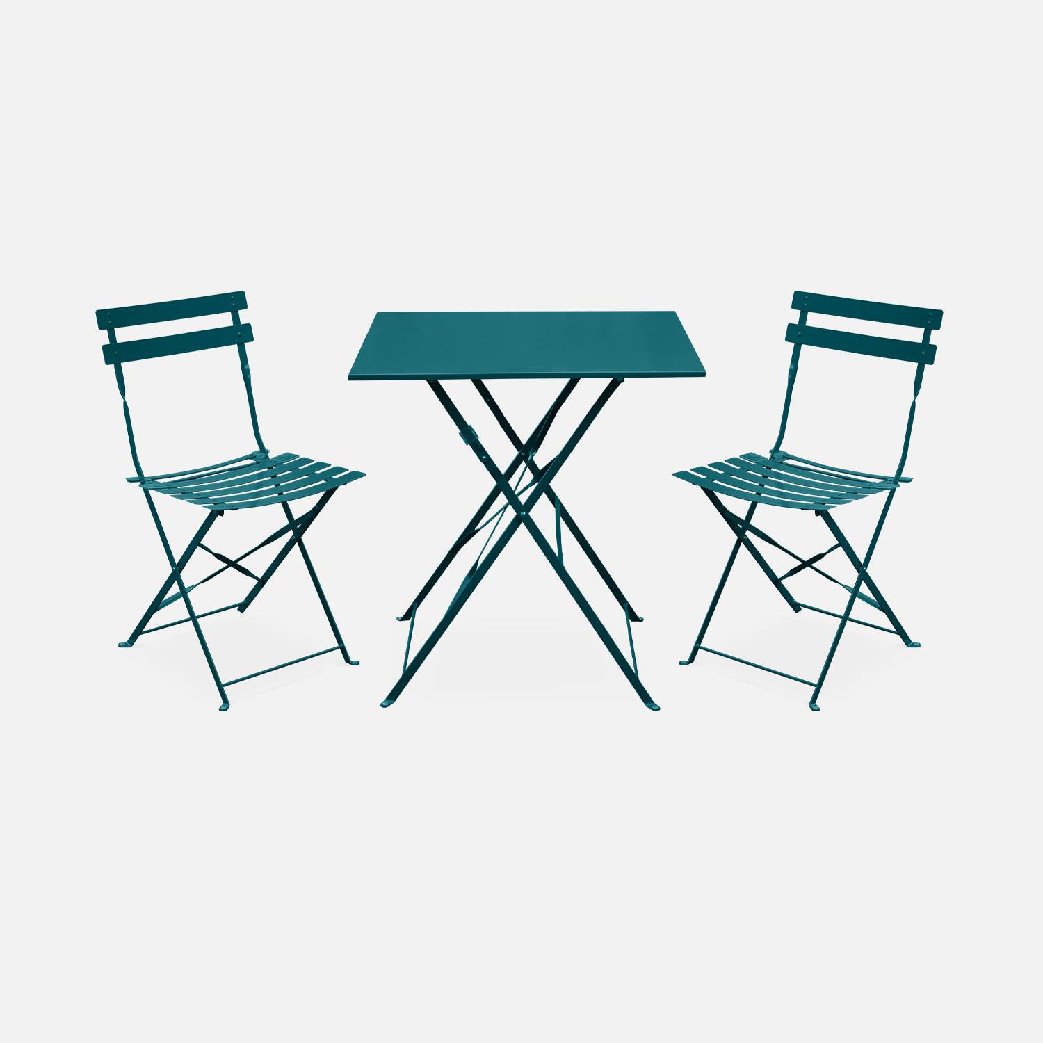 Salon de jardin bistrot pliable - Emilia carré bleu canard - Table carrée 70x70cm avec deux chaises pliantes, acier thermolaqué Photo2