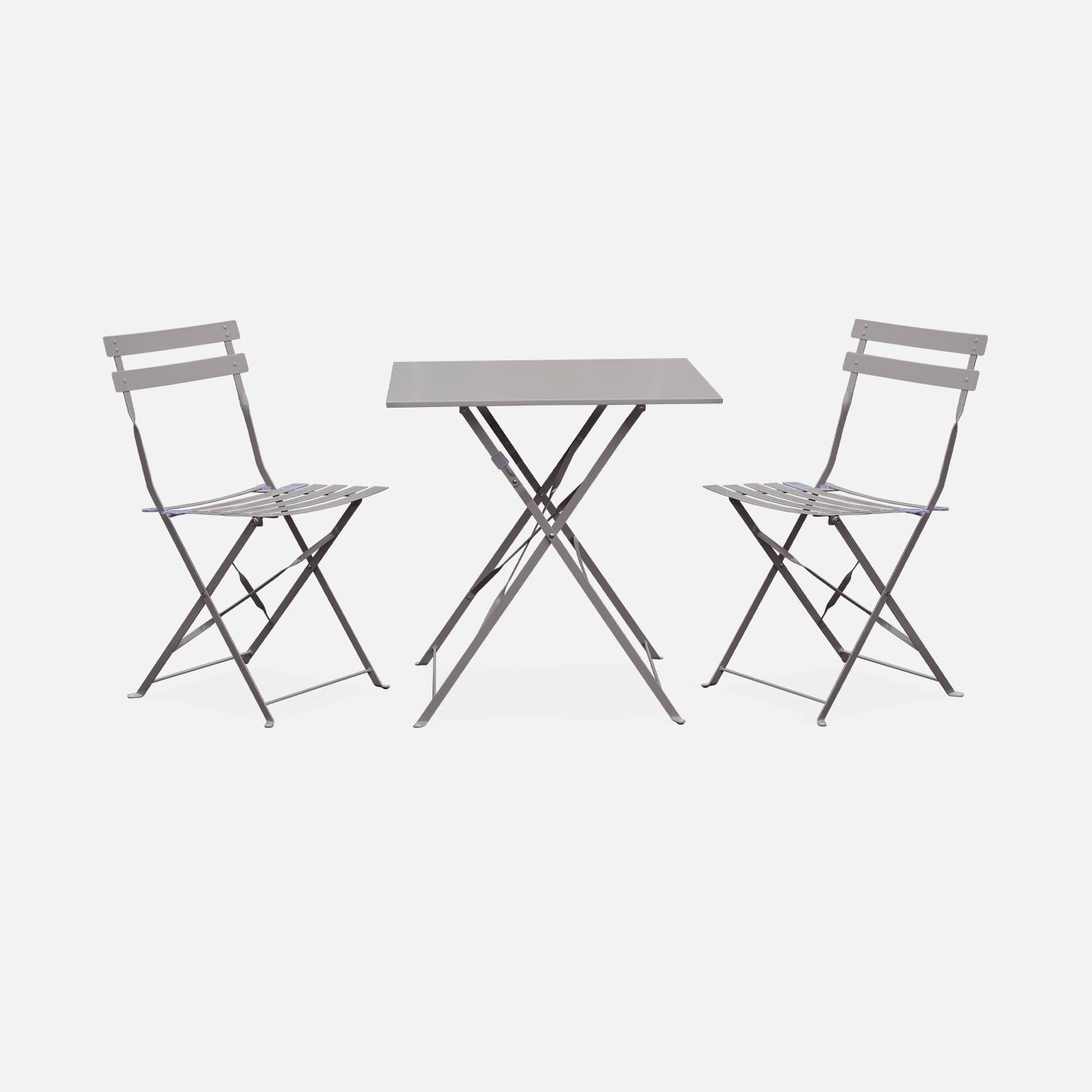 Emilia - Bistroset - 2 inklapbare stoelen en een vierkante tafel 70x70 van gepoedercoat staal  – Grijs Taupe Photo2