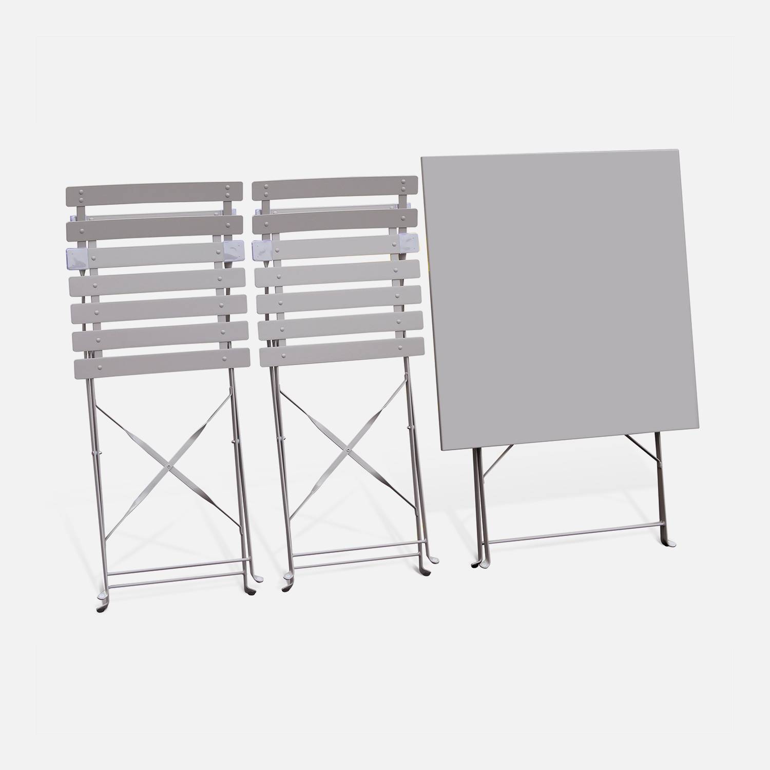 Klappbare Bistro-Gartenmöbel - Emilia taupe grau - Quadratischer Tisch 70x70cm mit zwei Klappstühlen aus pulverbeschichtetem Stahl Photo6