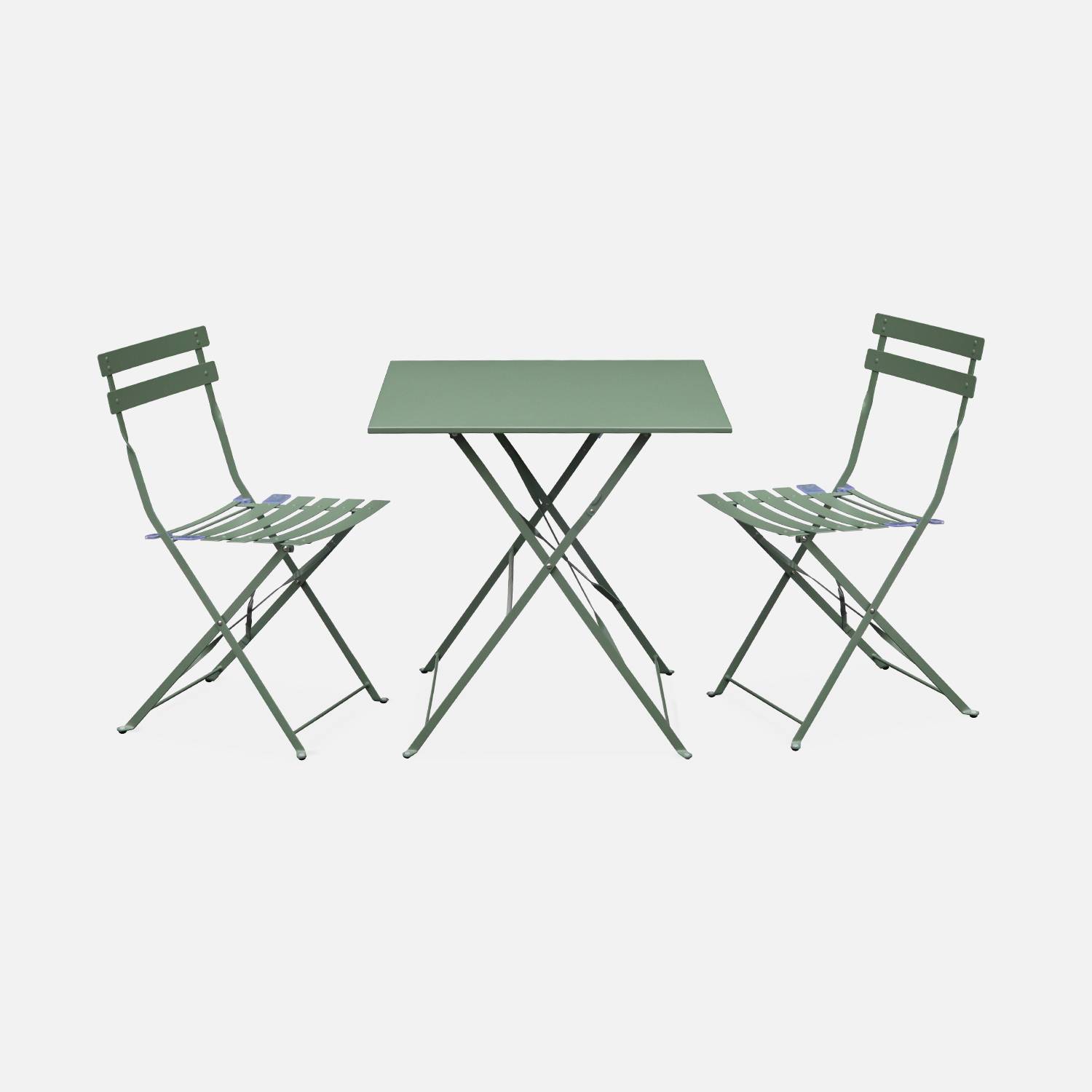 Klappbare Bistro-Gartenmöbel - Emilia quadratisch graugrün - Tisch 70x70cm mit zwei Klappstühlen aus pulverbeschichtetem Stahl Photo2