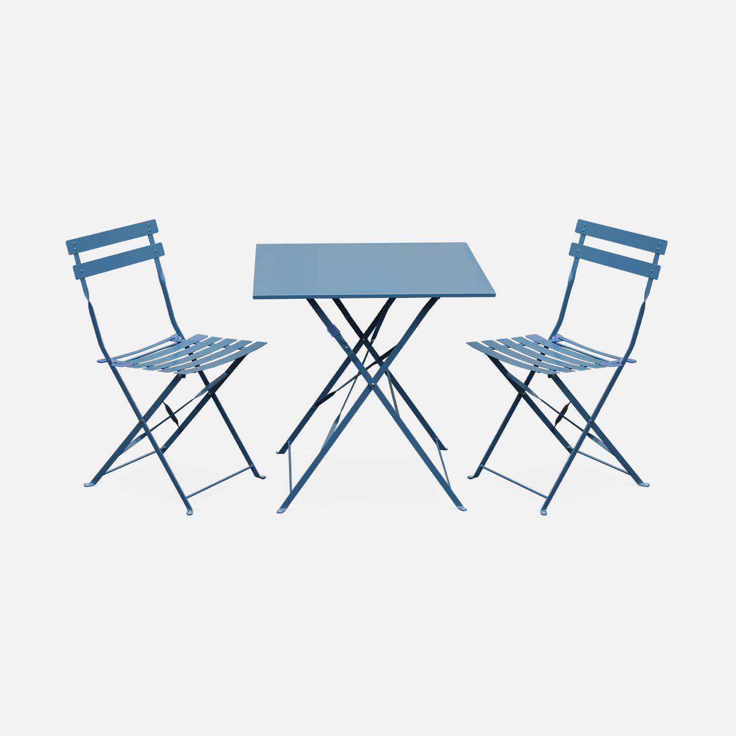 Emilia - Bistroset - 2 inklapbare stoelen en een vierkante tafel 70x70 van gepoedercoat staal – Blauwgrijs  Photo2