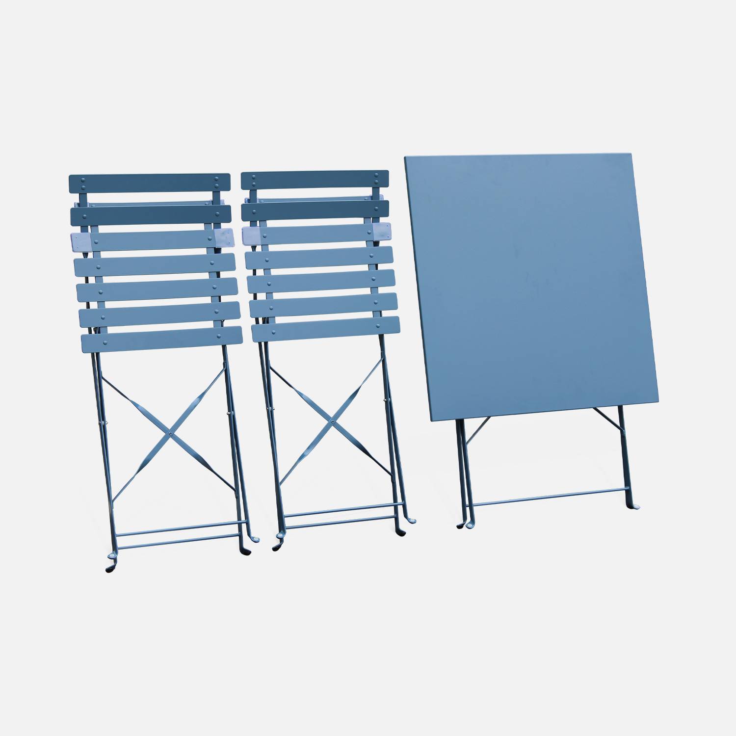 Mobiliário de jardim dobrável para bistrô - Emilia quadrado cinzento-azul - Mesa 70x70cm com duas cadeiras dobráveis, aço revestido a pó Photo6