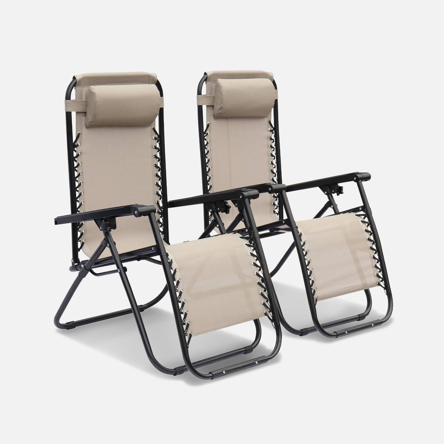 Lot de 2 fauteuils relax – Patrick – Textilène, pliables, multi-positions, taupe Photo1