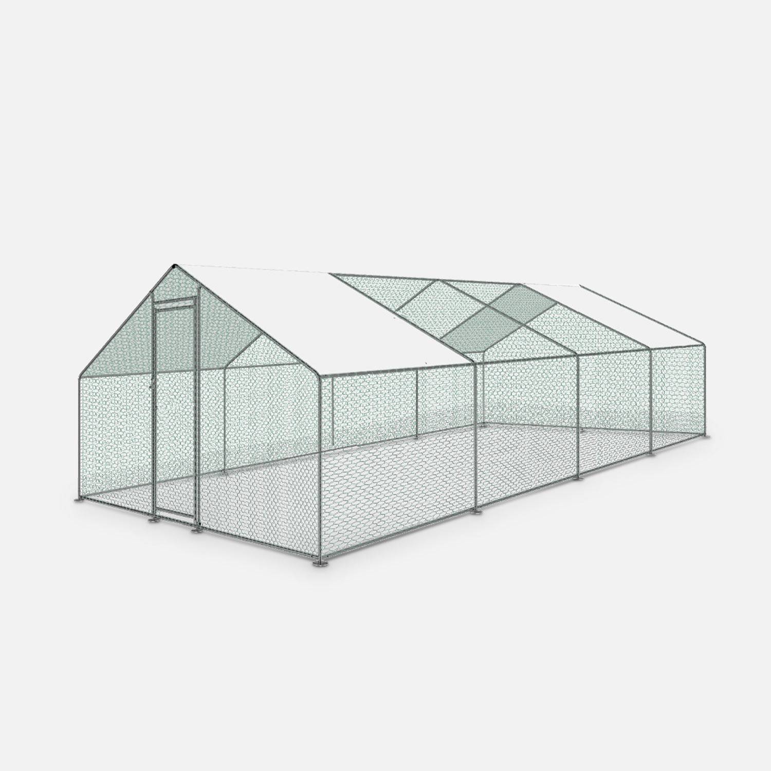 Enclos pour poulailler 24 m² - Babette - Volière en acier galvanisé, bâche de toit imperméable et anti UV, porte avec loquet, enclos pour animaux 3x8m Photo1