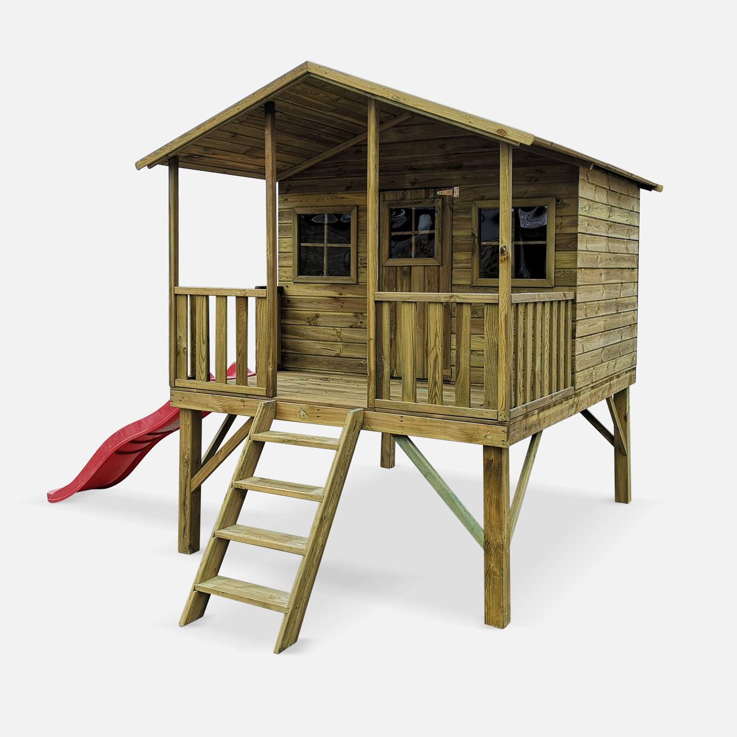 Maisonnette avec toboggan en bois FSC de 4,5m², Pivoine - cabane sur pilotis en pin autoclave, terrasse Photo3