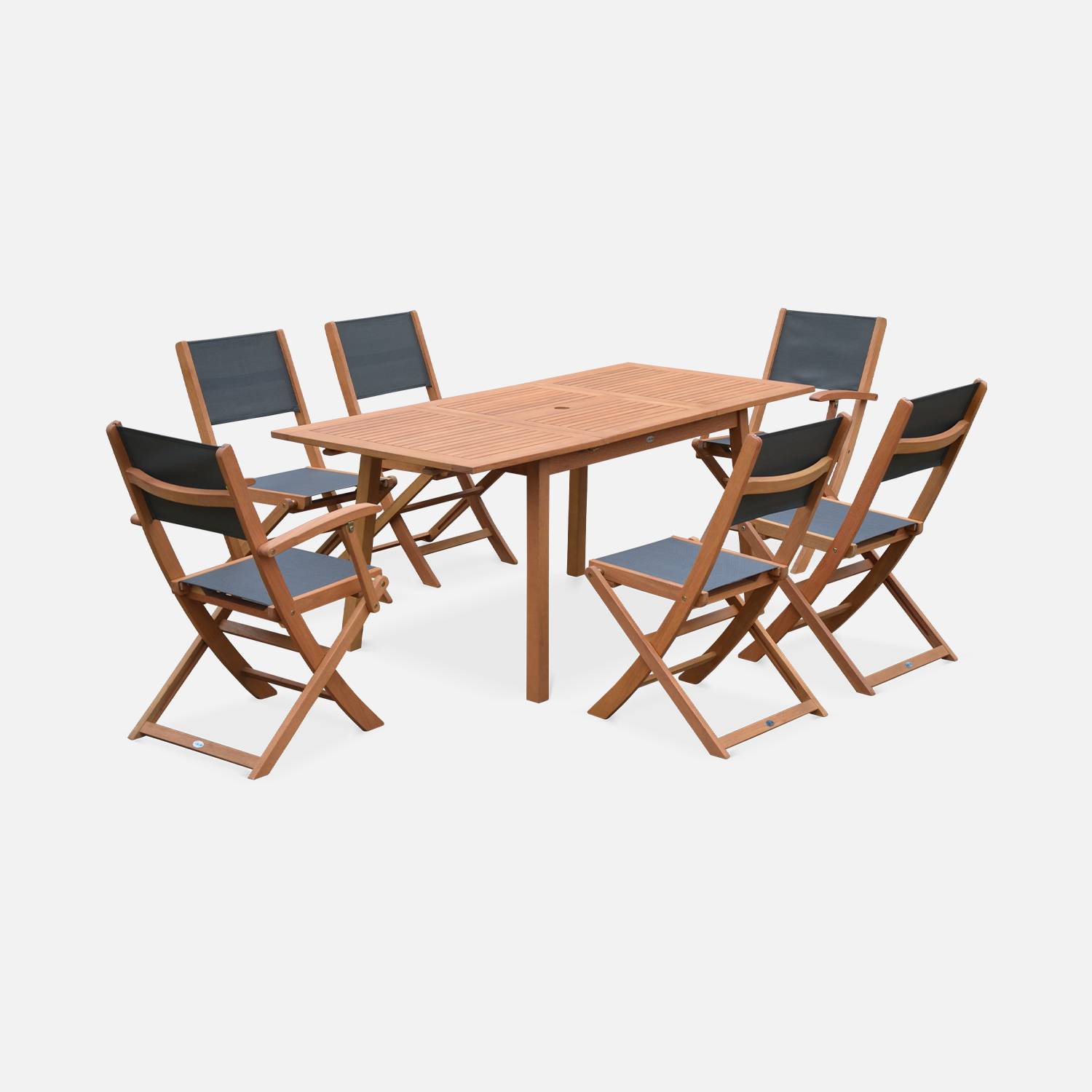 Conjunto de mesa e cadeiras de jardim em madeira e textileno, antracite, 6 lugares, eucalipto, extensível, 120/180 cm Photo3